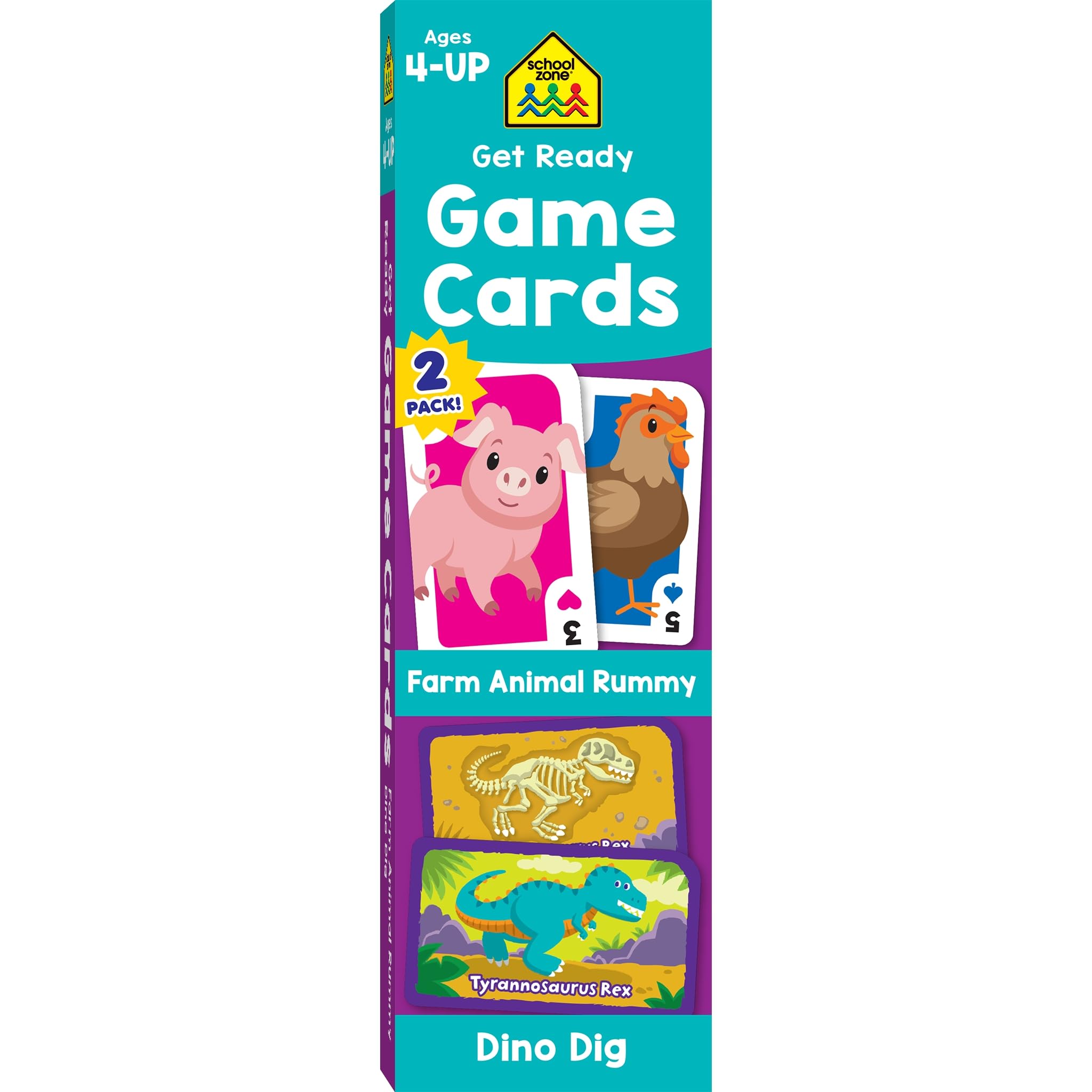 School Zone Get Ready Game Cards Farm Animal Rummy & Dino Dig 2-Pack: 108 Flash Cards, Preschool, Kindergarten, Numbers, Counting, Spelling, Matching,