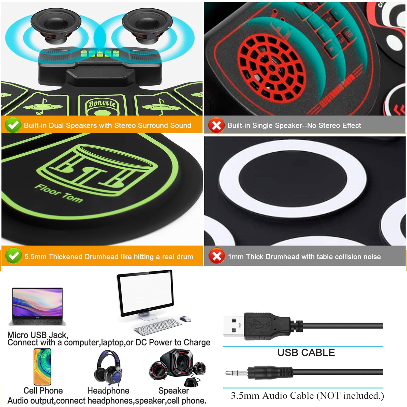 Batterie Électronique E-Drum Kit, Bonvvie Roll Up Digital Drum avec 9 Pads, MIDI, DTC, Double Haut-parleurs Intégrés, Batterie Rechargeable 1800mAh Li-ion,Idéal pour Débutants, Étudiants et Passionnés