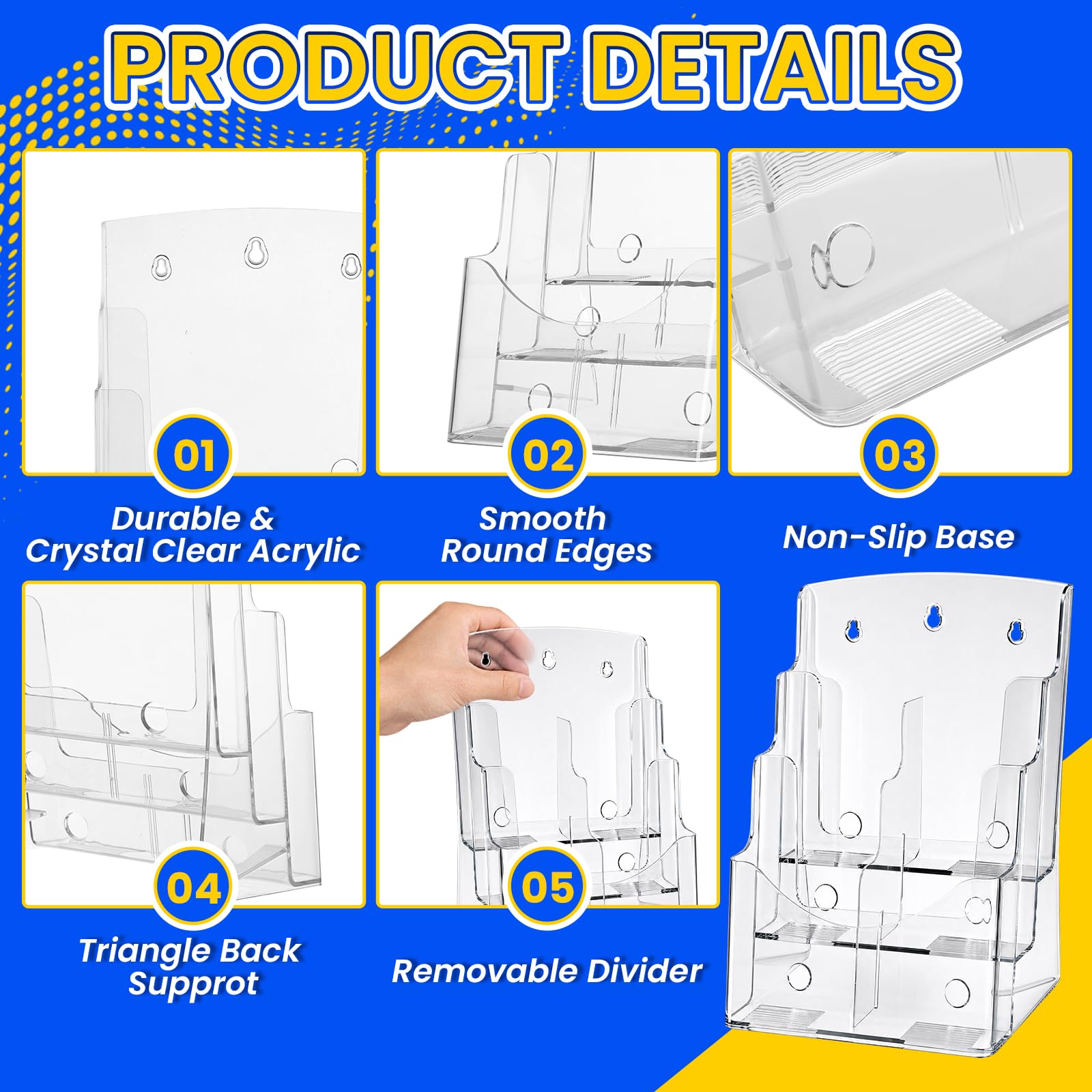NATGAI Confezione da 2 porta brochure in acrilico, 21 x 28 cm, 3 ripiani e espositore per brochure, organizer trasparente per letteratura con divisori rimovibili, supporto per volantini e opuscoli
