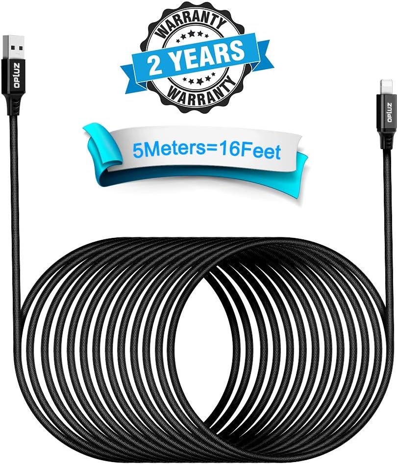 Phone Charger Cord 5M/16FT Extra Long Nylon Braided USB Charging & Syncing Cable High Speed 2.4A Fast Charger Powerline Cable Compatible Phone X 8 8 Plus 7 7Plus 6s 6sPlus 6 6Plus 5 5s 5c SE Pad Pod.