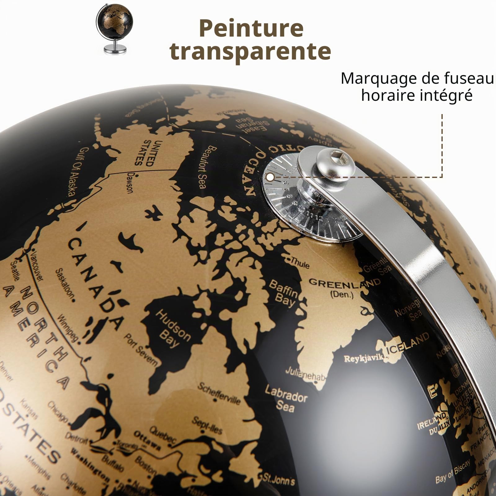 LIFEZEAL Globe terrestre antique de 20 cm avec pied en métal argenté - Pour étudiants et adultes - Décoration pour salle de classe, maison, bureau (Noir+Doré)
