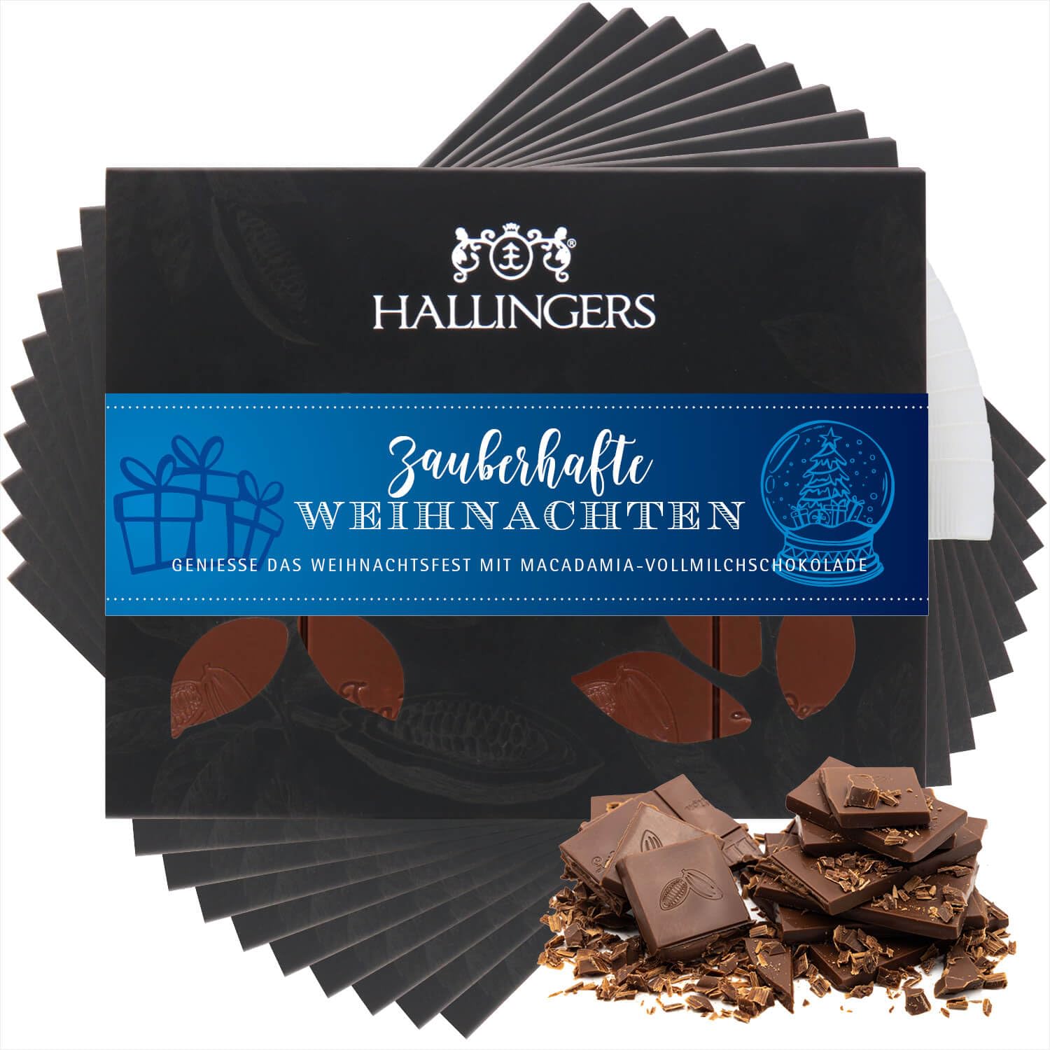 Hallingers Genuss Manufaktur Schokolade Weihnachts-Geschenk - Tafel Edelkakao handgeschöpft ohne Alkohol edler Karton 10x "Zauberhafte Wei..." Macadamia-Nougat, Weihnachten für Frauen Männer