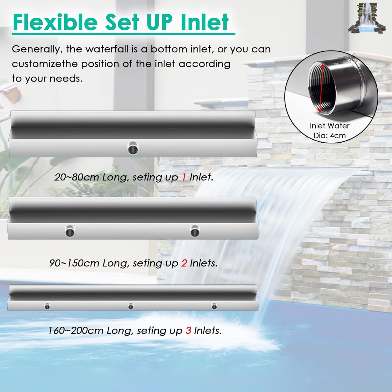 Stainless Steel Waterfall Fountain Kit - 110cm Modern Spillway for Pool & Garden Ponds, Easy Installation Embedded Design, Elegant Outdoor Water Feature