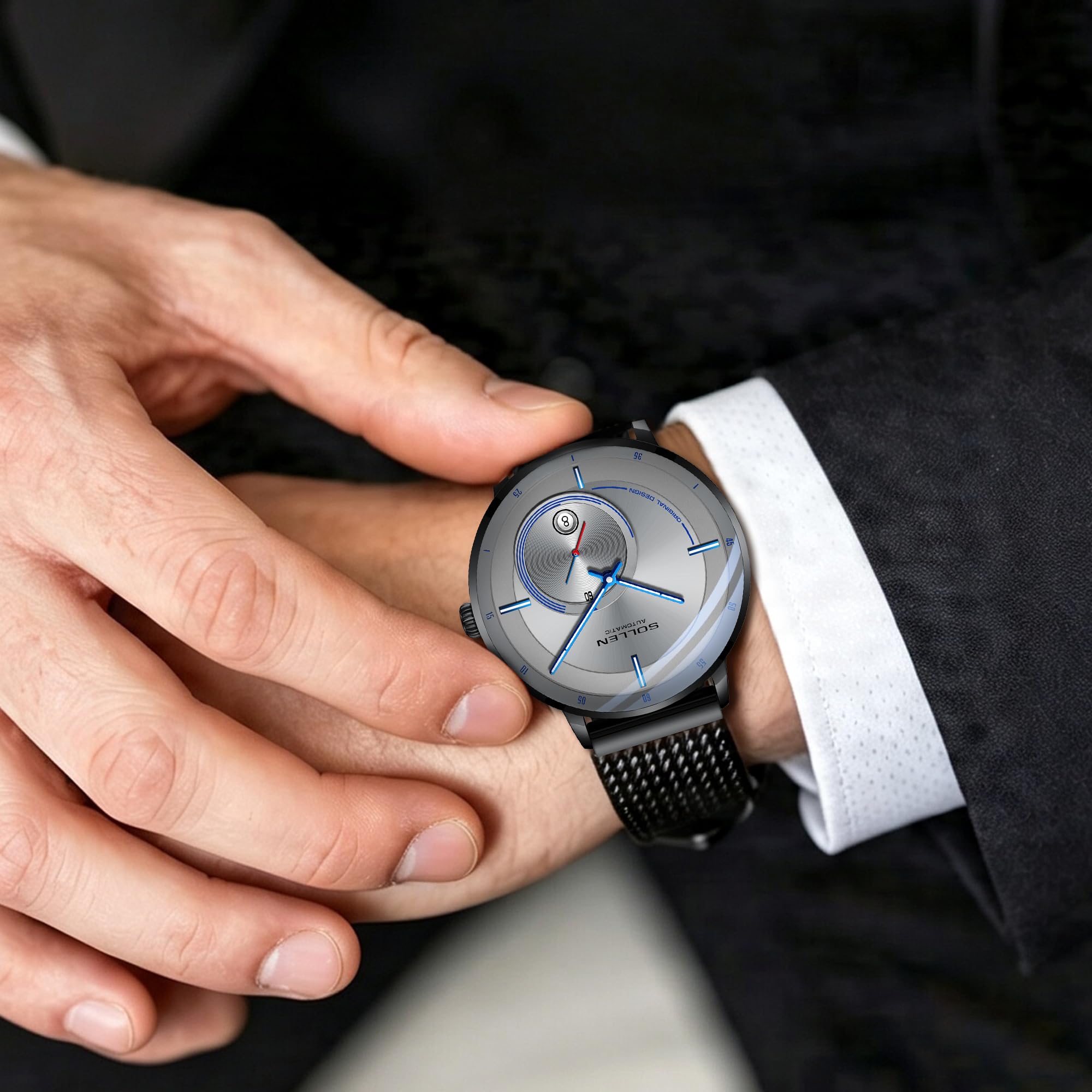 SOLLEN Klassische Herrenuhren Automatik,Automatische Herrenuhren mit Originales Mechanisches Uhrwerk,Automatikuhren Herren mit Kalendar & Sekundenzeiger,Leuchtend Armbanduhren als Geschenk für Männer