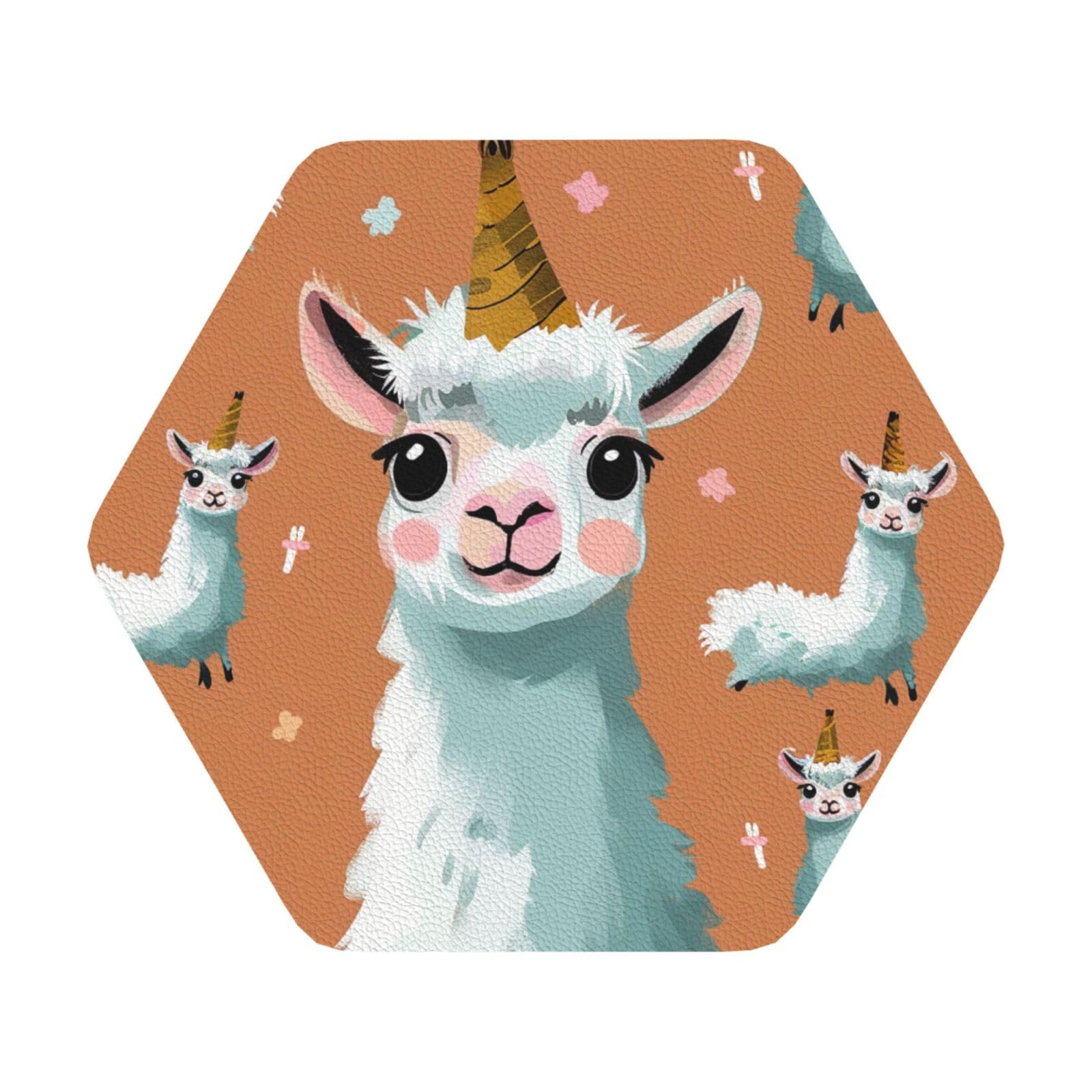 Cute Llama Print Leather Coaster Set of 6, Hexagon Coasters Table Decorative Coffee Cup Beverage Coasters Wine Beer Bar Coasters for Hot Drinks Table Protection