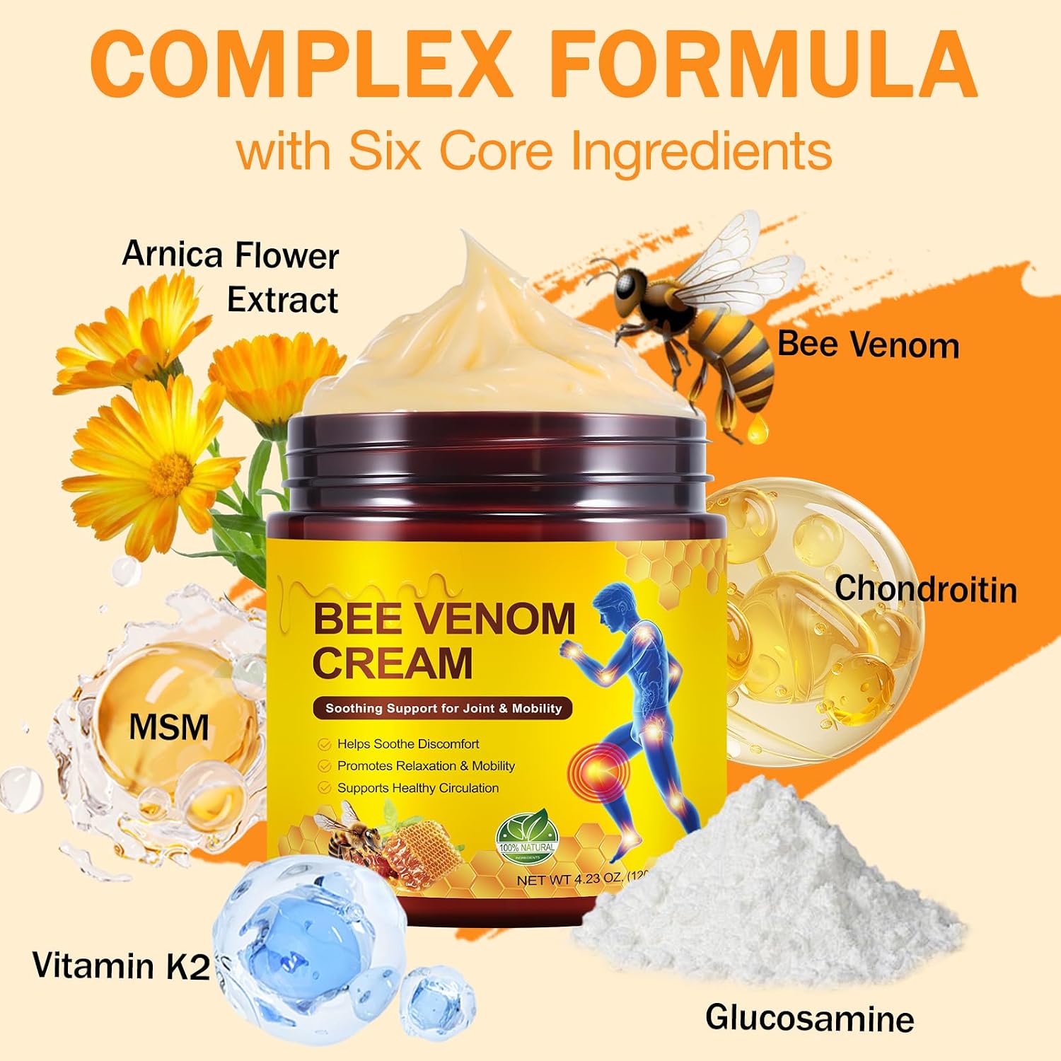 Bee Venom Cream 120g, Bee Venom Massage Cream for Joint & Mobility, Support Muscles & Joint Recovery with Arnica, for Back, Neck, Hands and Legs