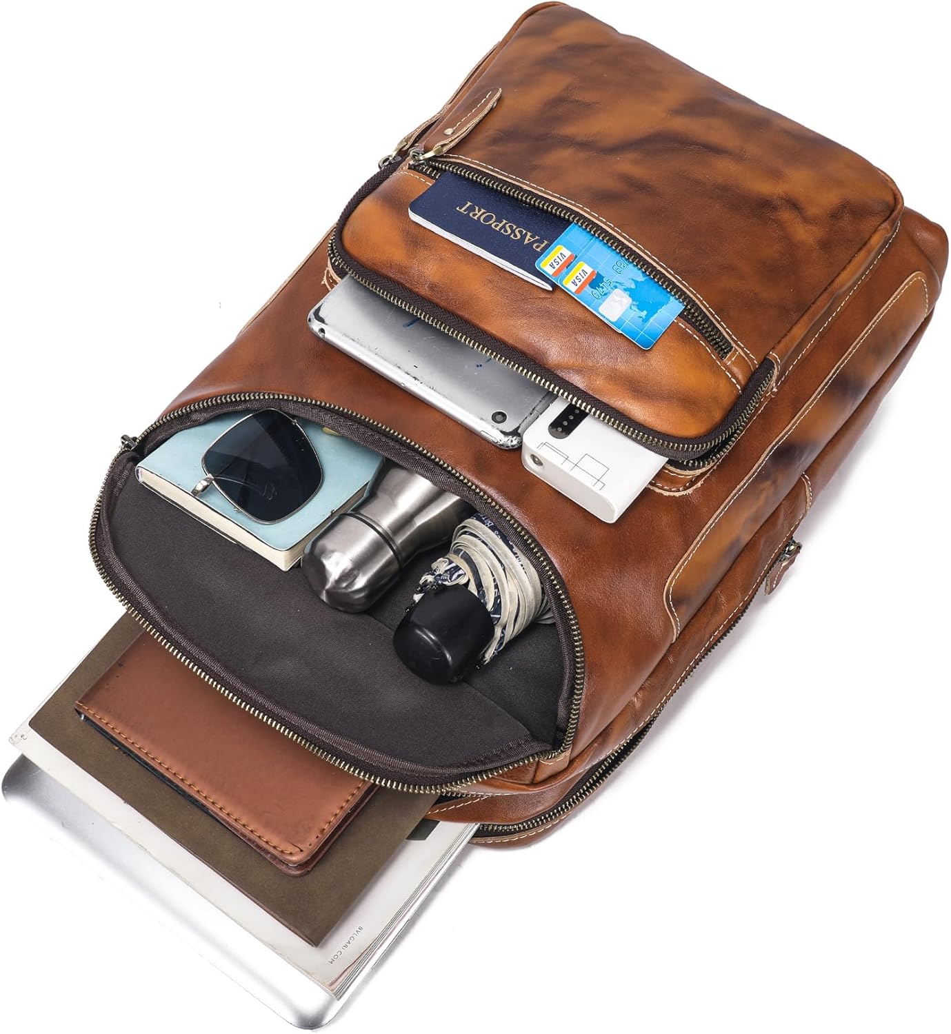 LANNSYNE Vegetable Tanned Leather Backpack For Men, 15.6" Leather Laptop Backpack Hiking Travel Bag Camping Rucksack - Image 2