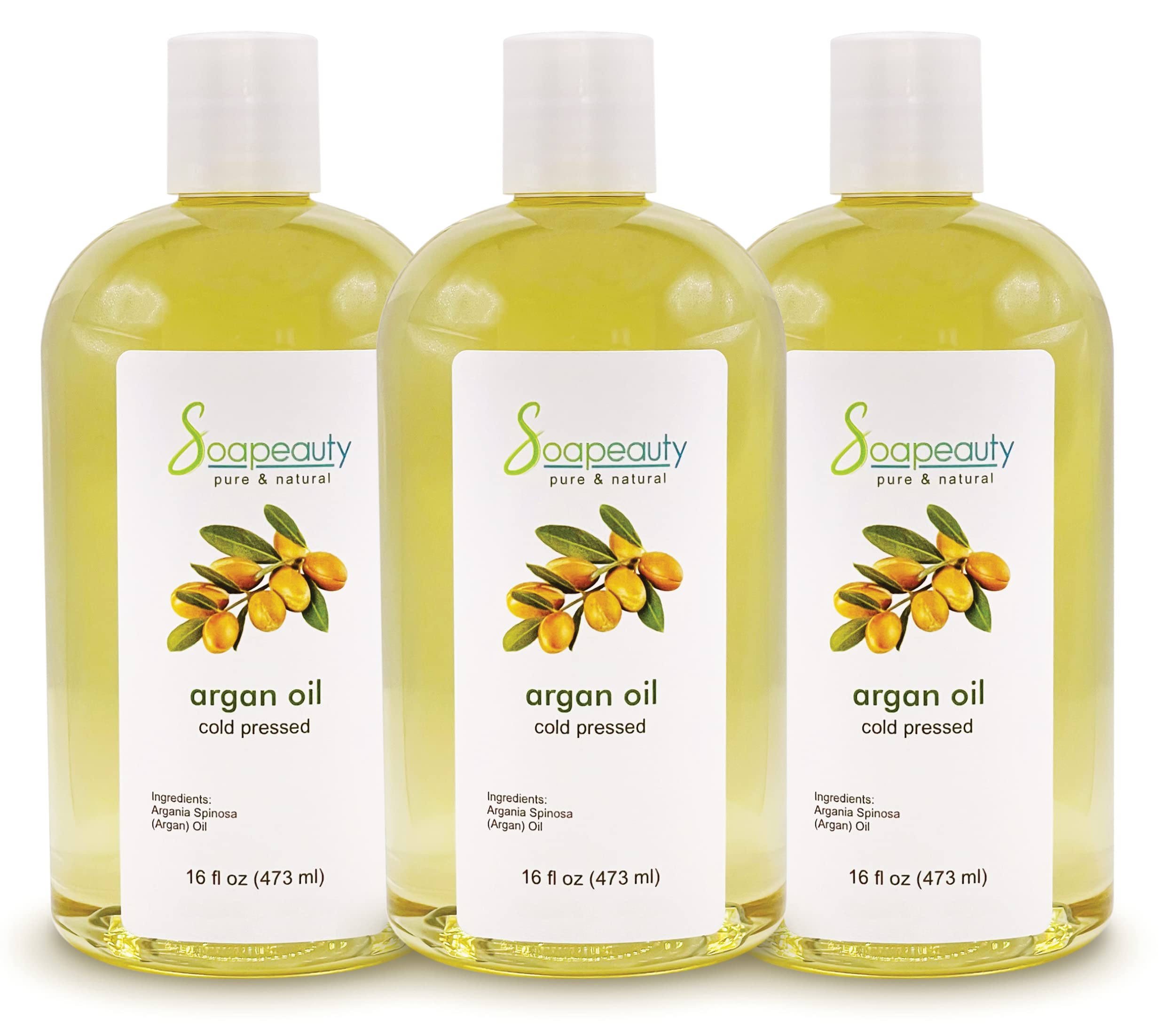 SoapeautyARGAN OIL | 100% Natural & Pure | Cold Pressed & Deodorized | Carrier for Essential Oils, Face, Body and Skin Care, Hair Growth & Moisturizer | 48 fl oz (3 x 16 fl oz)