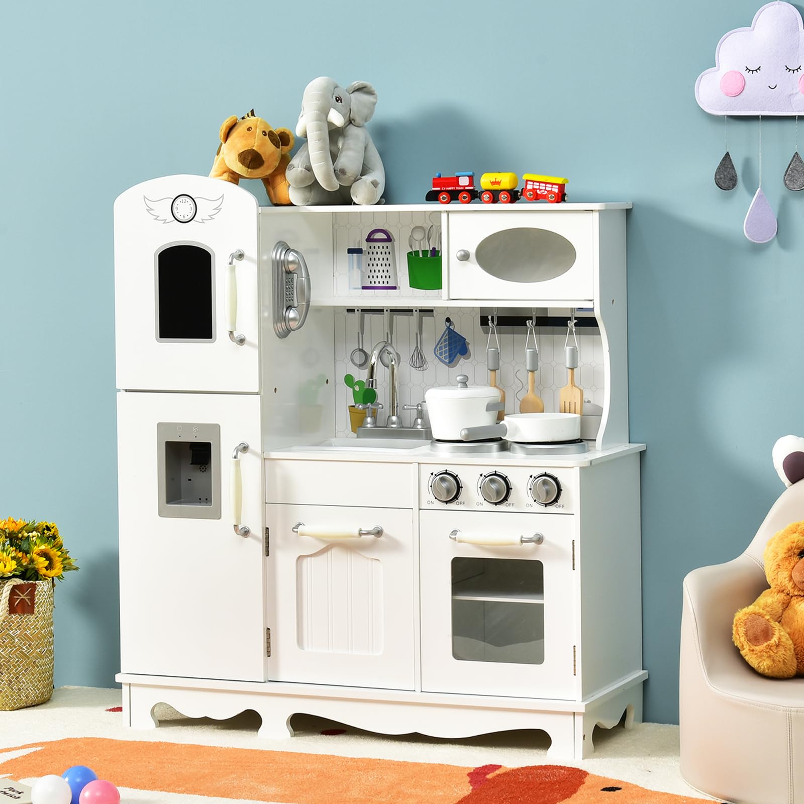 DREAMADE Kinderküche aus Holz mit Spielzubehör, Kinderspielküche mit Kühlschrank Spüle Herd Backofen, Holzküche Spielzeugküche, Spielküche mit Licht und Sound für Kinder ab 3 Jahren, Weiß