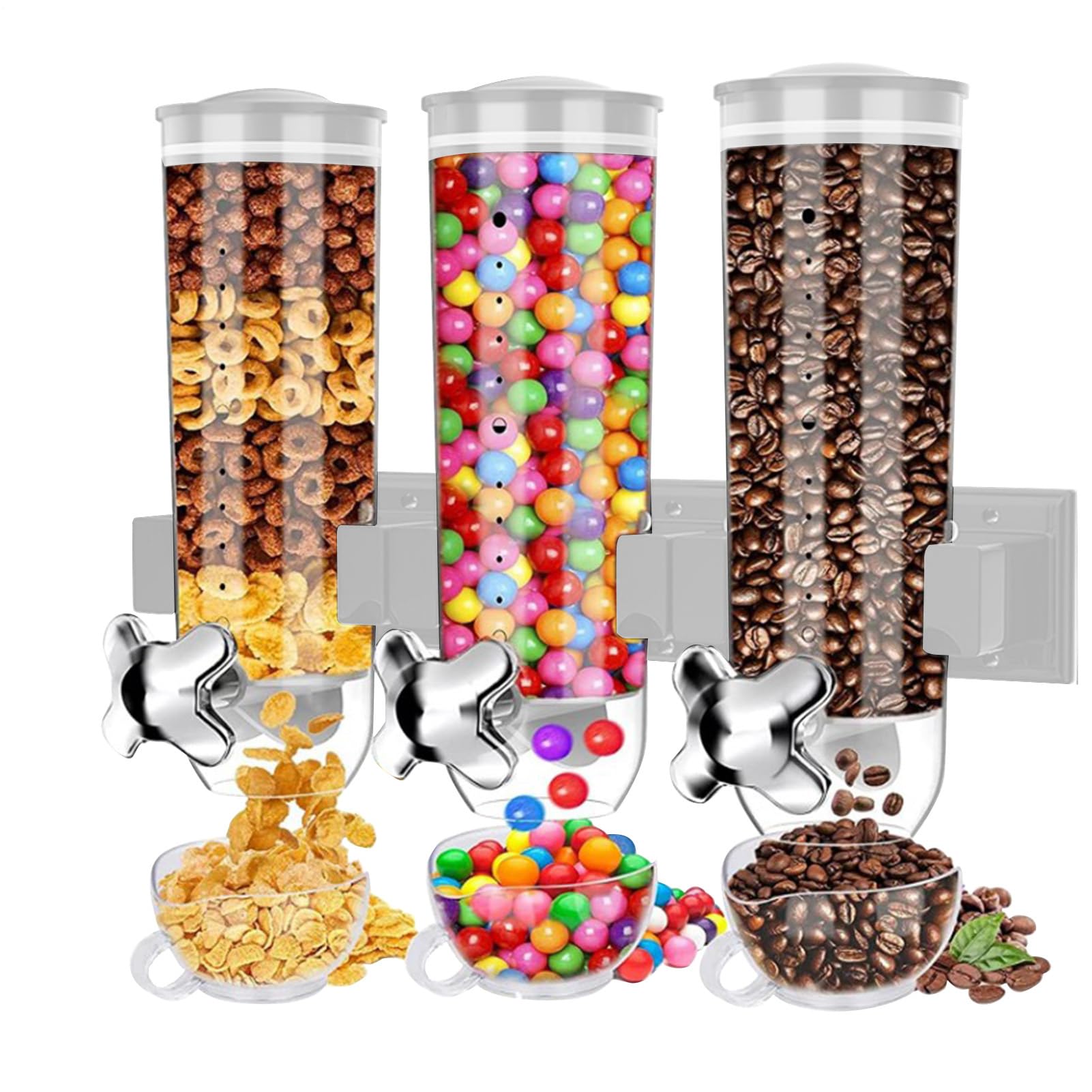 Dispenser per alimenti da parete – Simpatico dispenser per cereali 3 tazze | compatto, contenitore ermetico trasparente, serbatoio da cucina a tre scomparti | Conserva cereali farina d'avena chicchi di