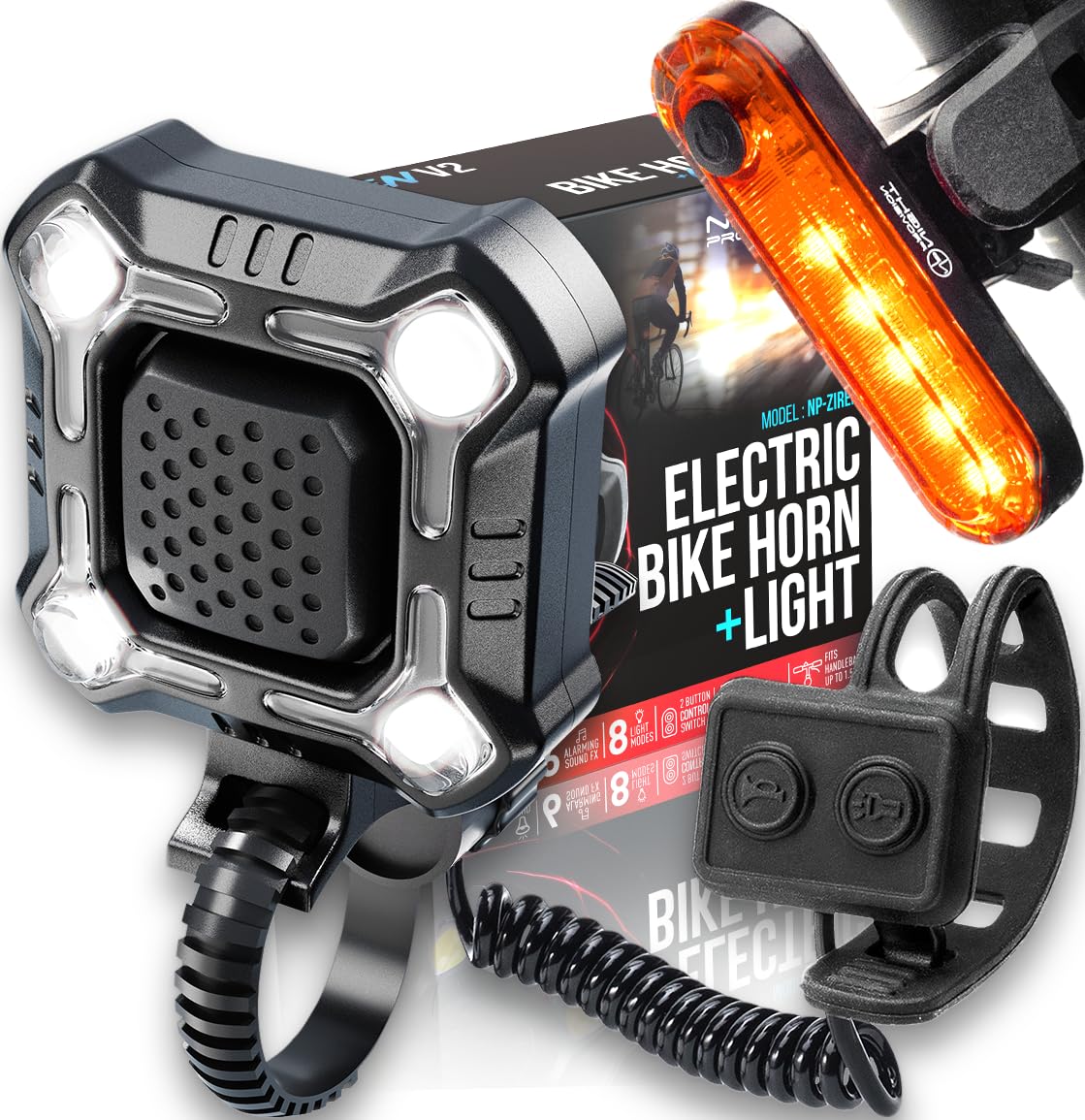 [New 2025] ZIREN-V2 USB-C Bike Horn Siren & LED Light Electric Horn Alert w/Improved Handlebar Control Switch Type-C Rechargeable IPX4 Front and Rear Flashing Lights (Version 2)