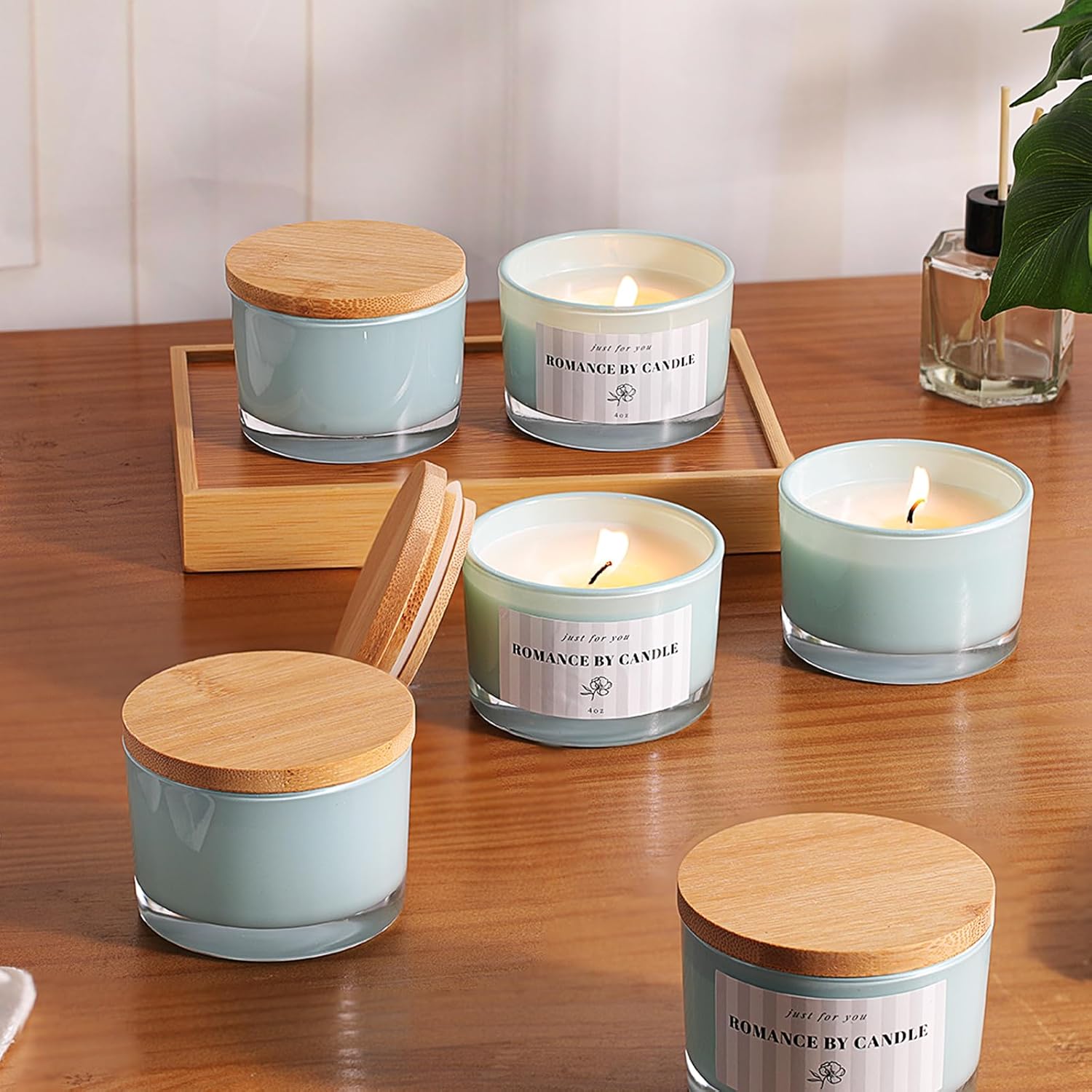 REISEN 12 PCS Blue Candle Jars for Making Candles, 4 OZ Glass Jars with Bamboo Lids and Sticky Warning Labels, Candle Containers for DIY Gifts, Candle Making Supplies