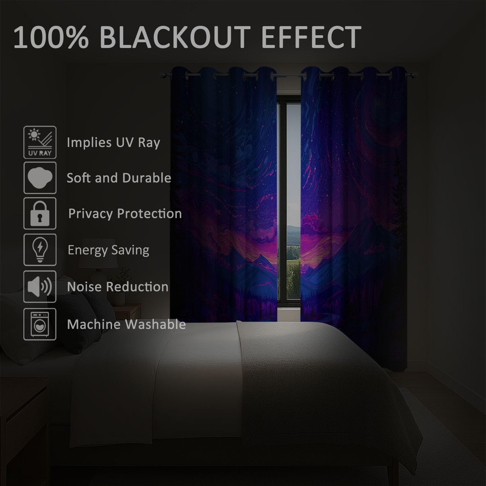 Rideau Occultant 3D Violet Fantaisie Nébuleuse Vallée Rideau Fenêtre Isolant Thermique Phonique Opaque à Oeillets pour Chambre d'enfant Maison Salon Décoration, Lot de 2 Rideaux 100 x 110 cm
