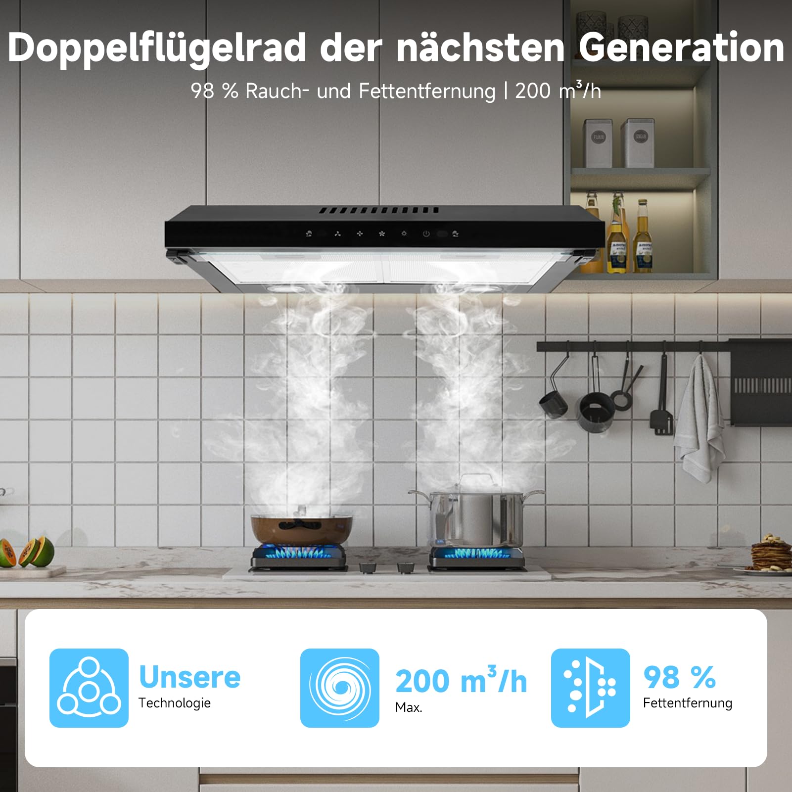 Dunstabzugshaube 60cm Unterbauhauben Abzugshaube | Unterbau Dunstabzug Touch-Steuerung Aluminiumfilter Abluft 200m³/h Luftstrom Edelstahl Schwarz