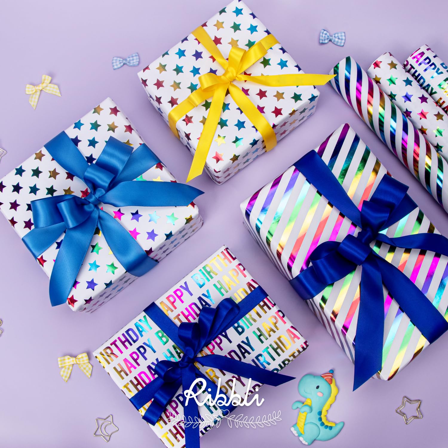 Ribbli Papel de regalo de cumpleaños iridiscente de 30 pulgadas, 4 rollos de papel de regalo de feliz cumpleaños, lunares, rayas, estrellas, surtido de 120 pulgadas por rollo
