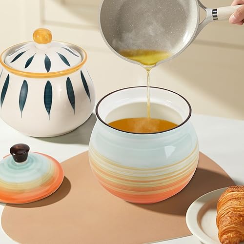 Miniatura 8 de Koythin Recipiente de grasa de tocino de cerámica con colador, 23 oz adecuado para almacenar aceite de freír y grasa de cocina (Tangerina)