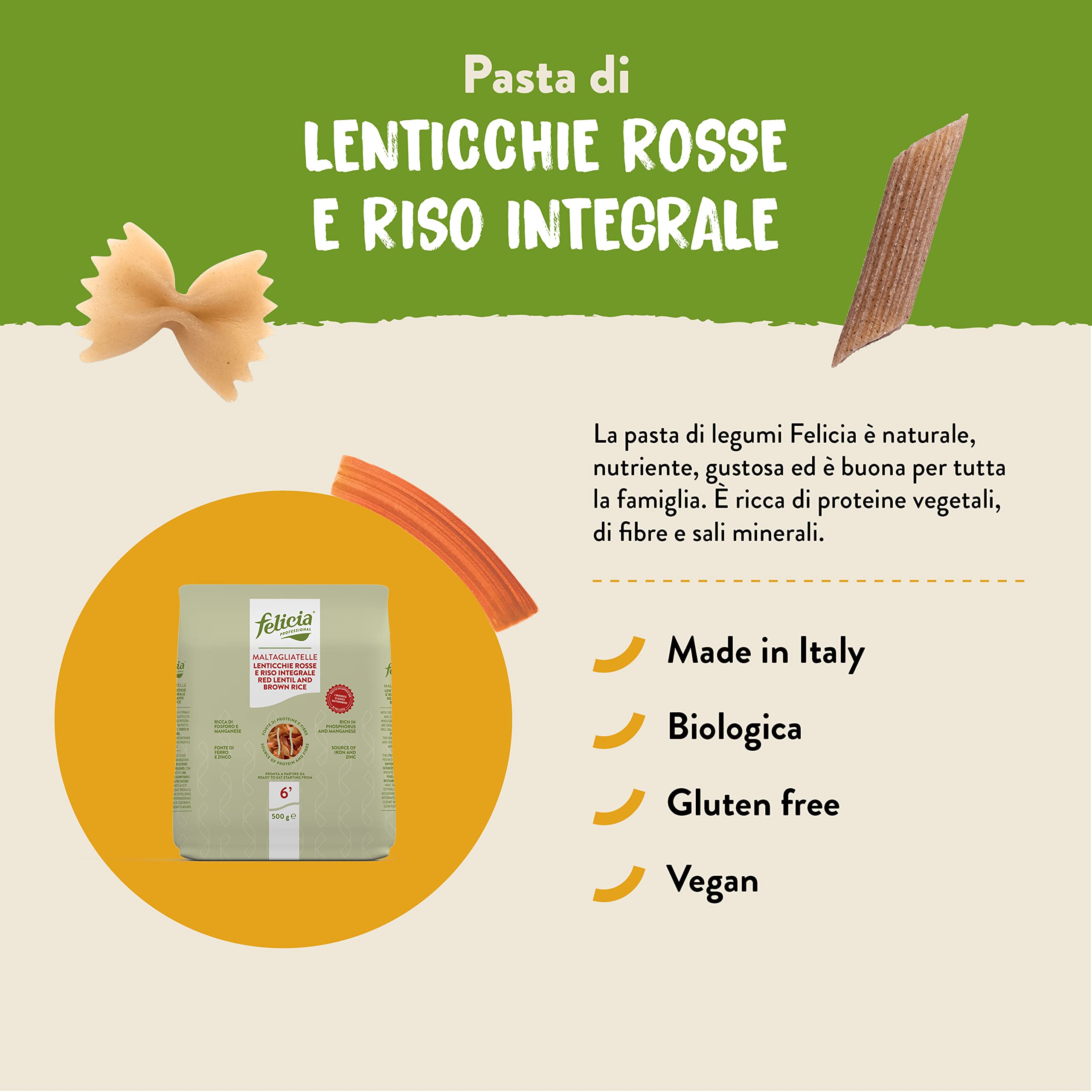 felicia Maltagliatelle di Lenticchie Rosse e Riso Integrale, Pasta Integrale Biologica Ricca Fonte di Fibre e di Proteine, Senza Glutine, Pronta in 6 Minuti, Vegan, Box da 12 Confezioni