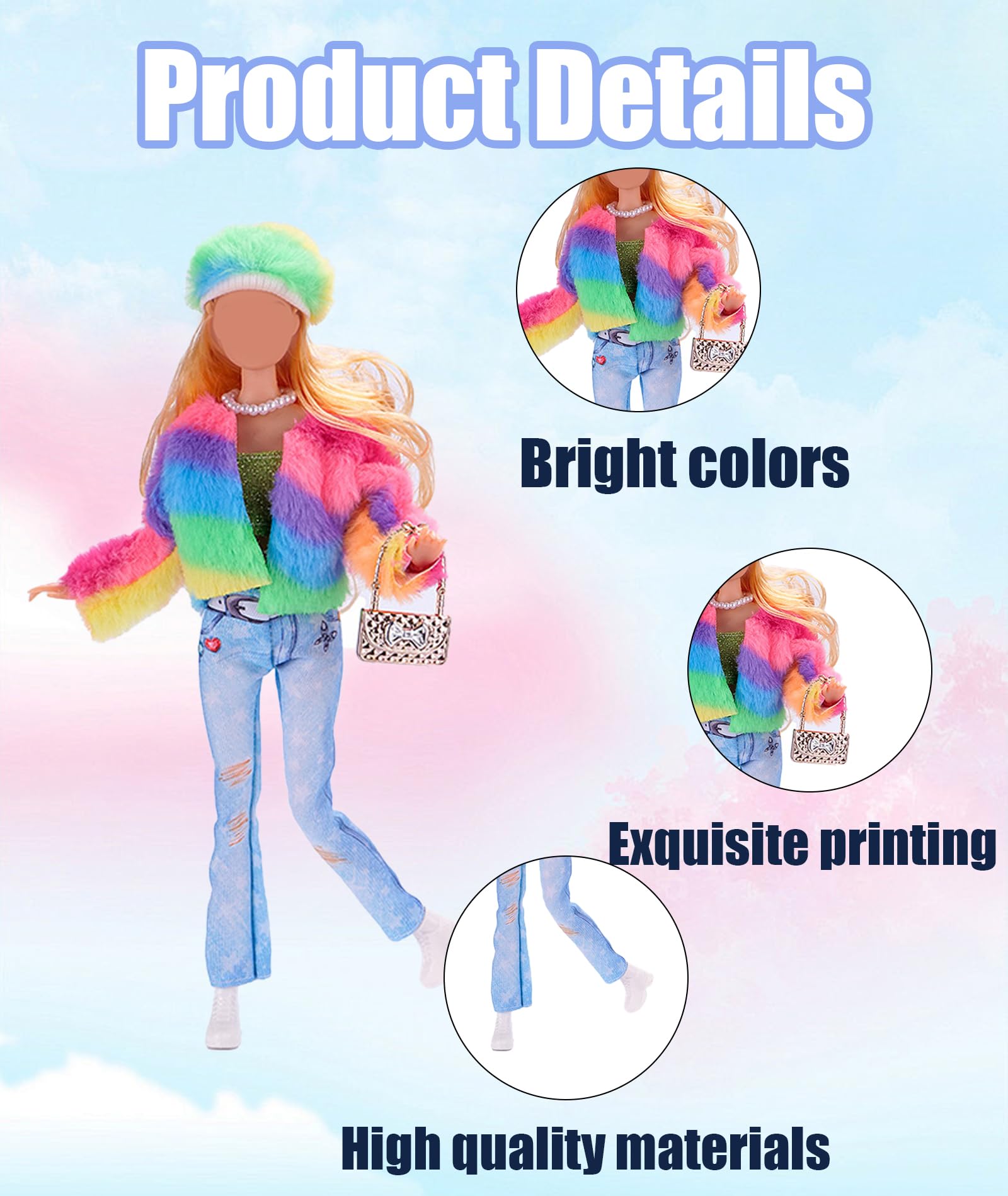 Doll Accessories, Doll's Clothes Set, Fashion Denim Style Doll Dress Set with Coat, Tops, Cape, Bag and Shoes Suitable for Girls Birthday Present or Role Play Parties 1