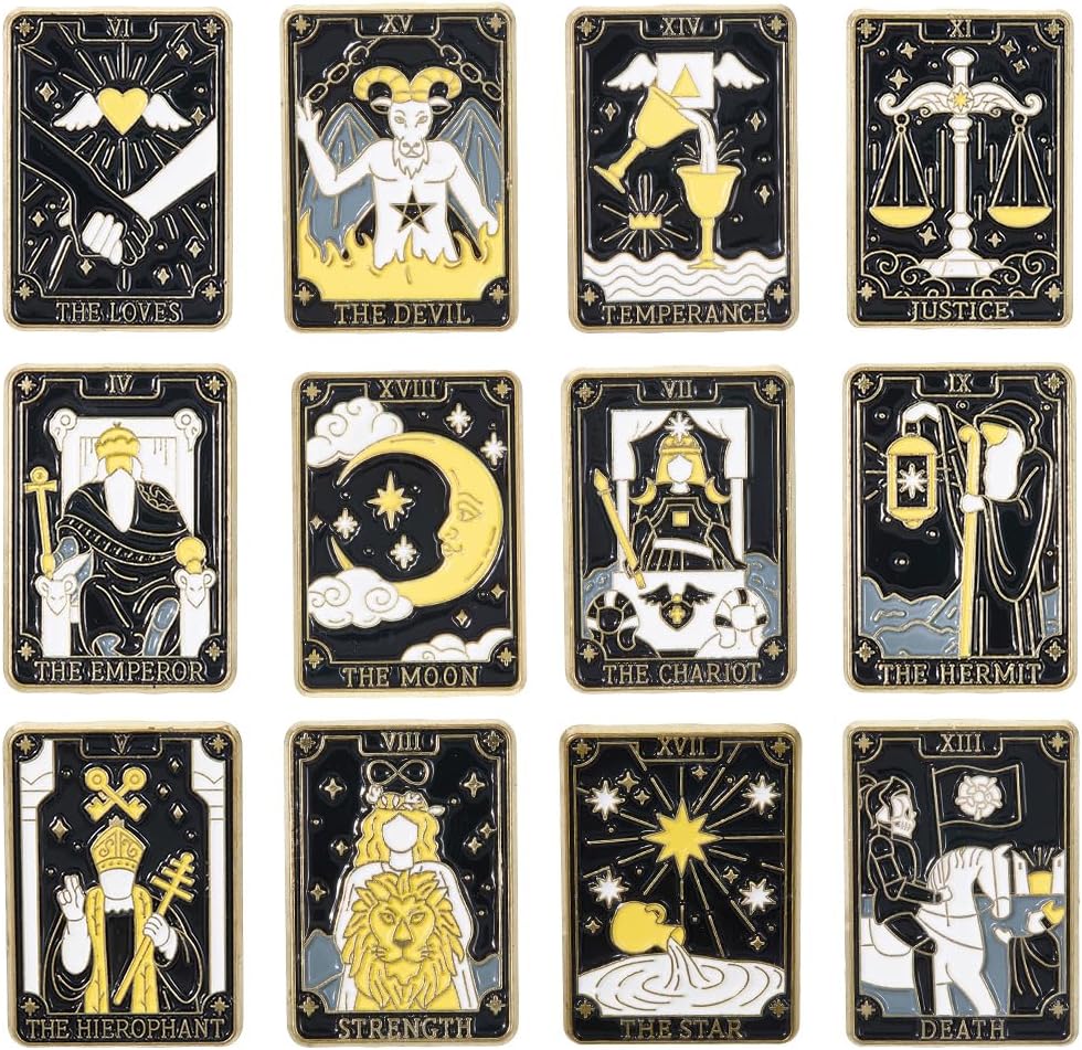 SUNNYCLUE 1 Box 12Pcs 12 Styles Tarot Card Enamel Pin Constellation Brooch Black Gold Metal Zinc Alloy Divination Themed Moon Star Sun Lapel Pins Set for Backpacks Bags Clothing Decor Accessories