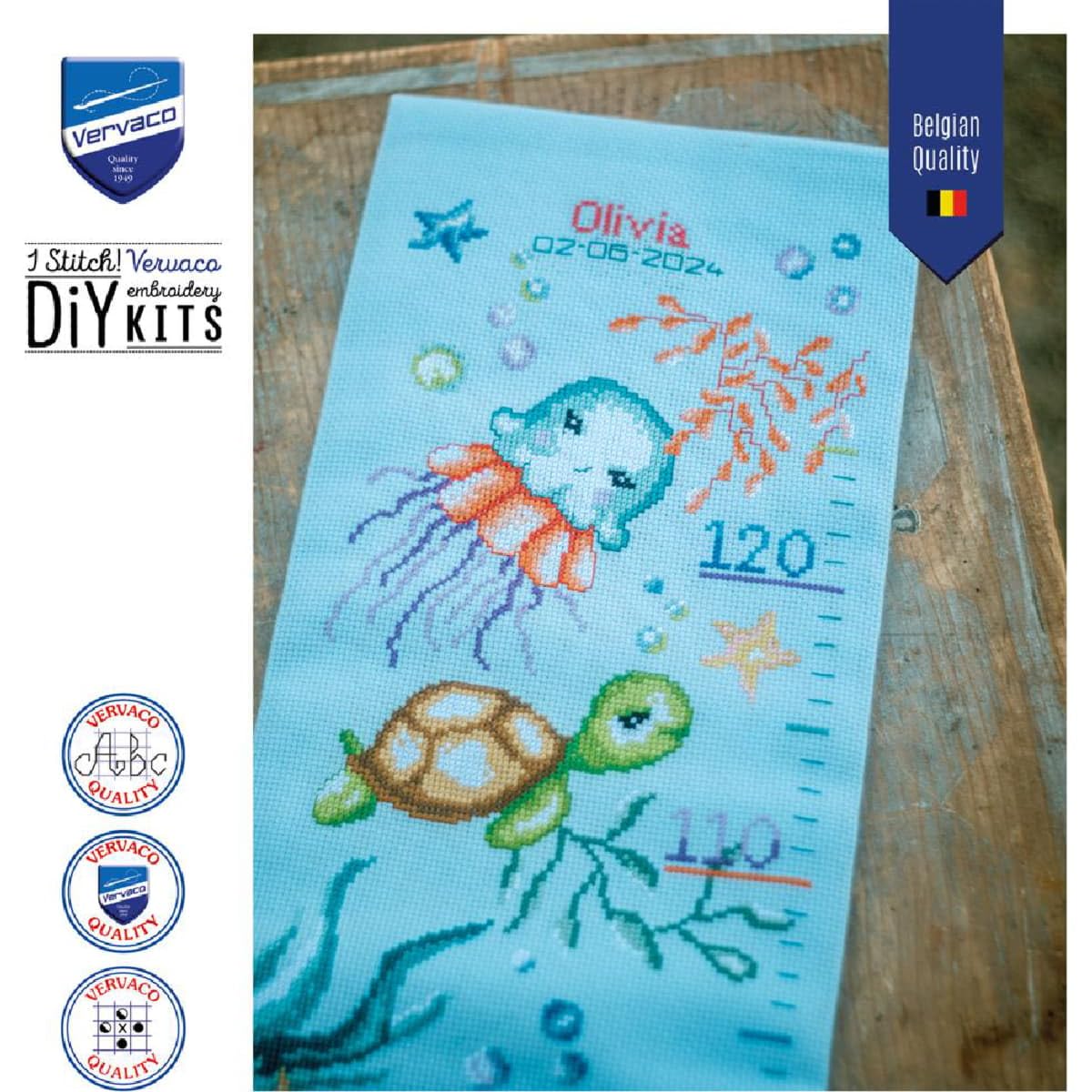 VERVACO Haft Krzyżykowy Liczony Zestaw Metryczka dla Dziecka ZWIERZĘTA MORSKIE Pamiątka Narodzin Zrób to Sam Zestaw Kreatywny dla Dorosłych 18 x 70 cm Dekoracje Ścienne Pokój Dziecka Cross Stitch
