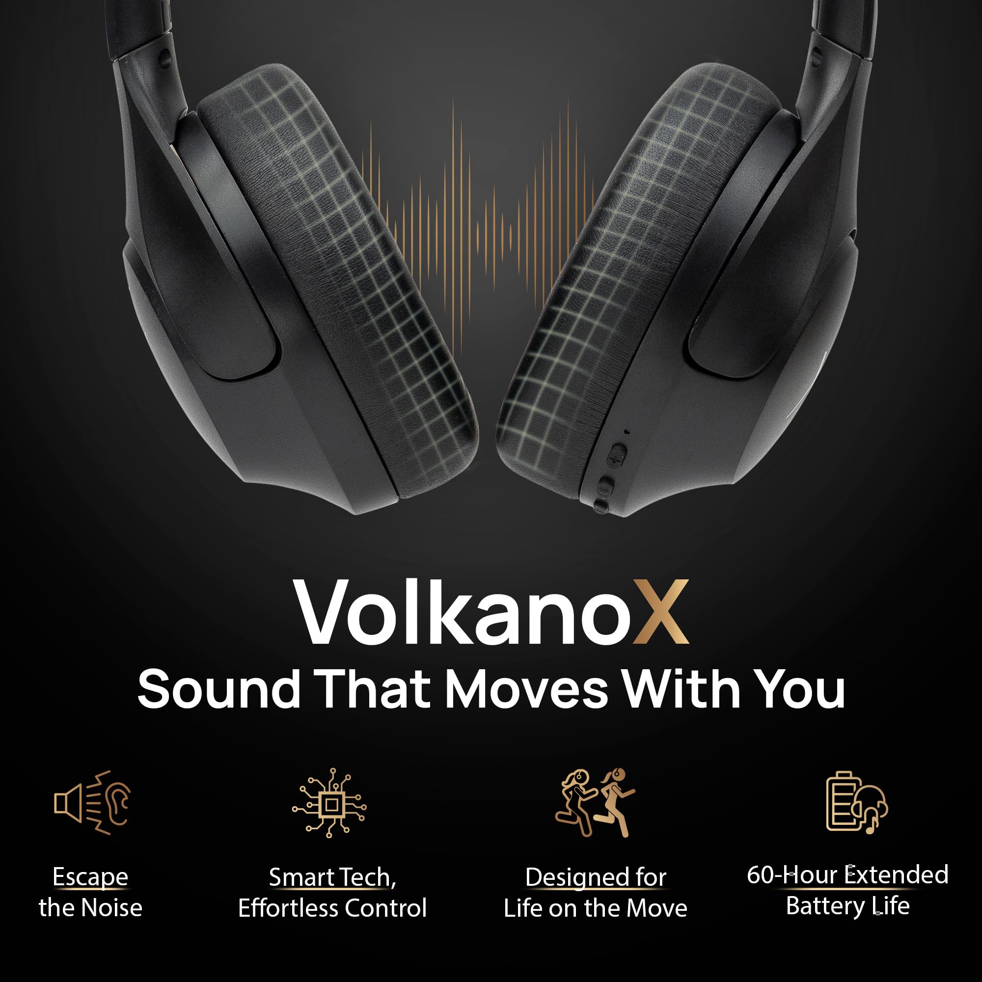 Volkano VXH200 Casque Bluetooth sans Fil à Réduction de Bruit (ANC) – 60H Autonomie, Casque Audio Over-Ear Pliable et Confortable, Basses Profondes, Micro Intégré pour Voyage et Bureau (Noir)