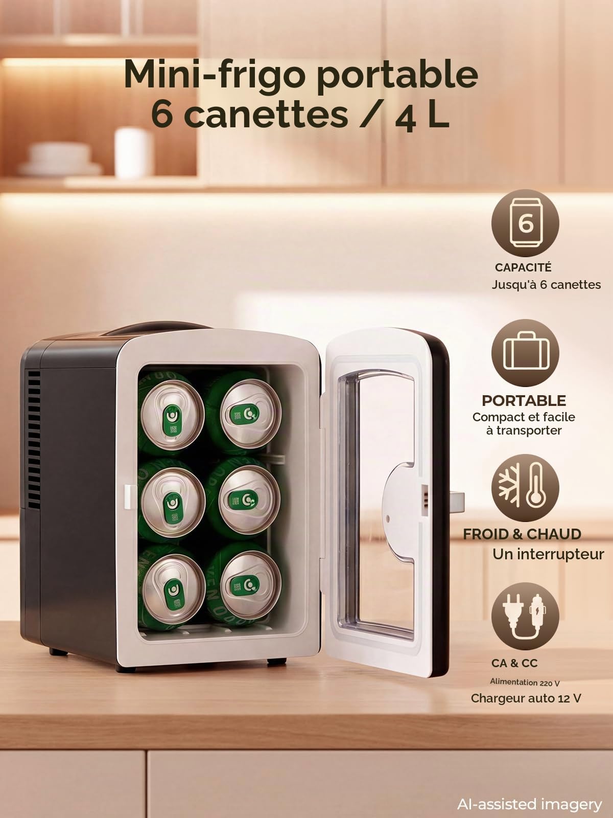 FOHERE Mini Frigo de Chambre Capacité de 4L, 6 Canettes 355ml, Réfrigérateur Voiture 12V 220V Silencieux Petit Frigo Cosmetique, Fonction Chaud/Froid, pour Domestique Voiture, Noir