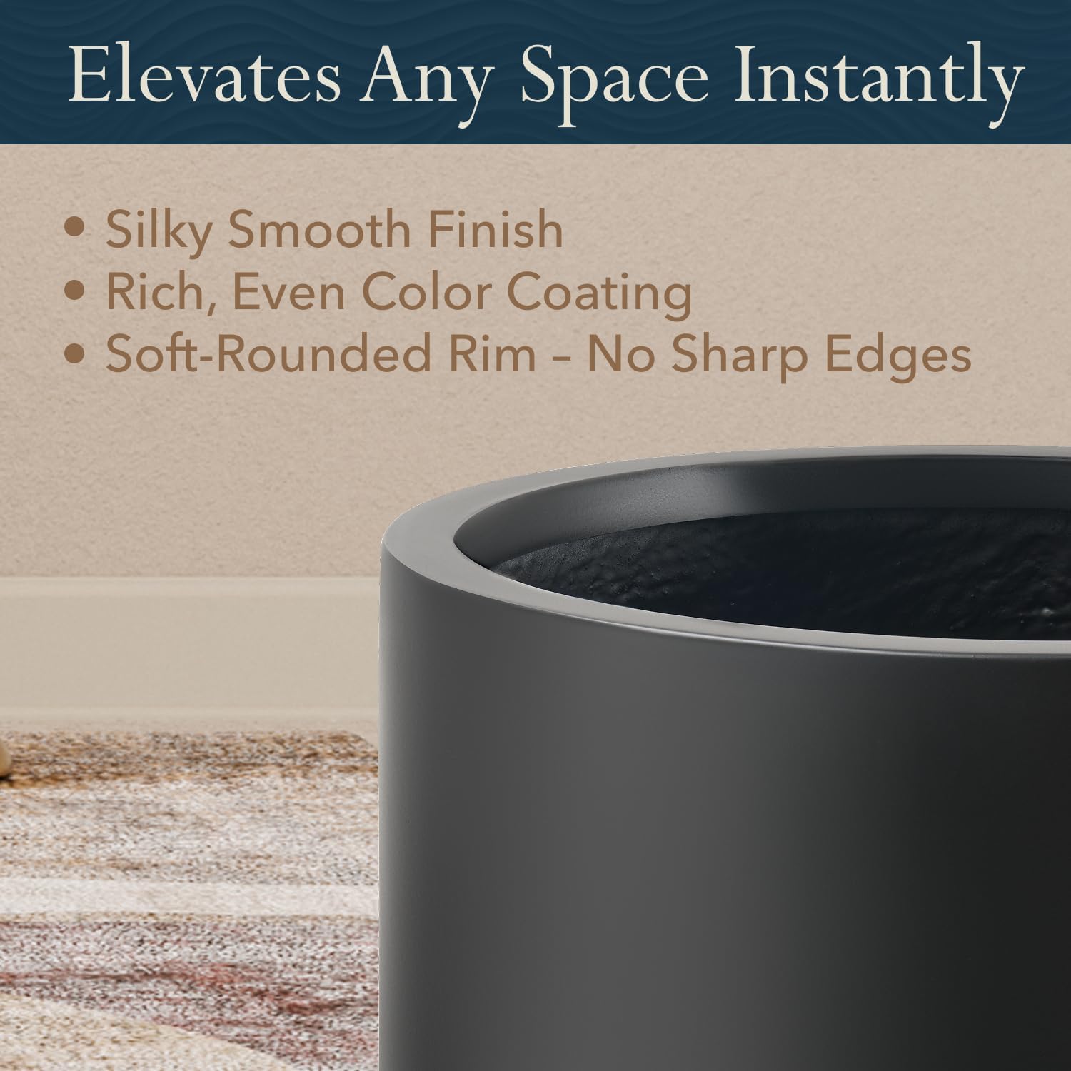 Premium 12" H x 12" D Arco Fiberstone Round Planter with Drainage Hole, Weather Resistant, Included Coco Mat (Tricorn Black, 12" Pot Opening)