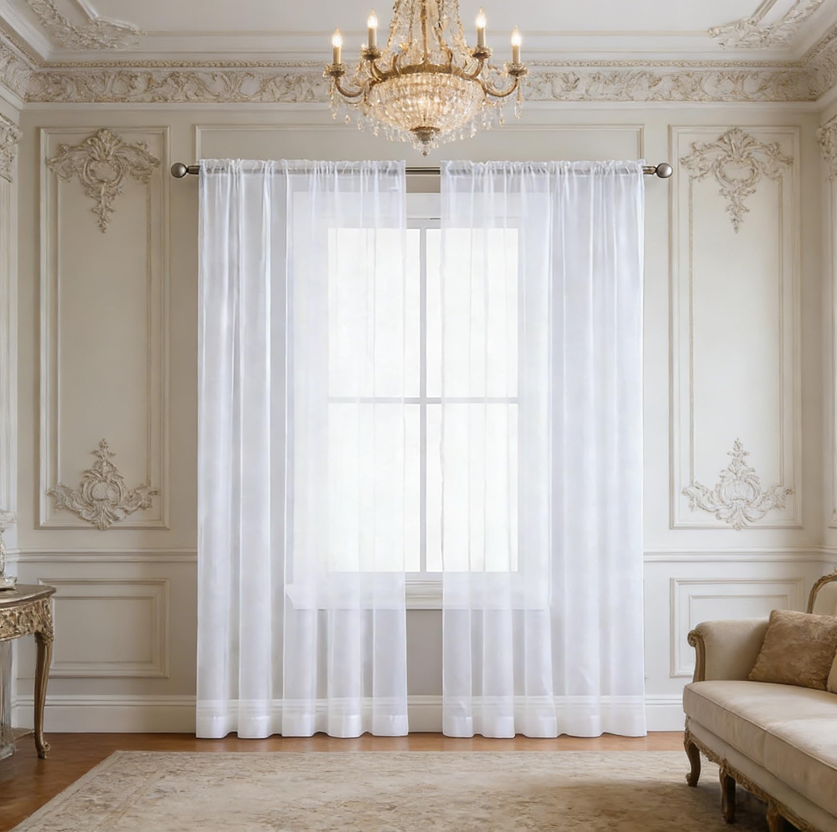 Vorhang Halbtransparent 240 x 240 cm Polyester, Leinen-Optik Transparent Wohnzimmer Luftig Dekoschal Gardinen Stangendurchzug für Schlafzimmer Wohnzimmer Gardine Fenster, Weiß