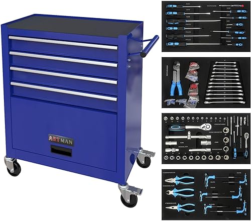 Cofre de herramientas con 233 piezas, gabinete de herramientas azul de 4 cajones, carrito de herramientas rodante sobre ruedas para mecánicos, caja
