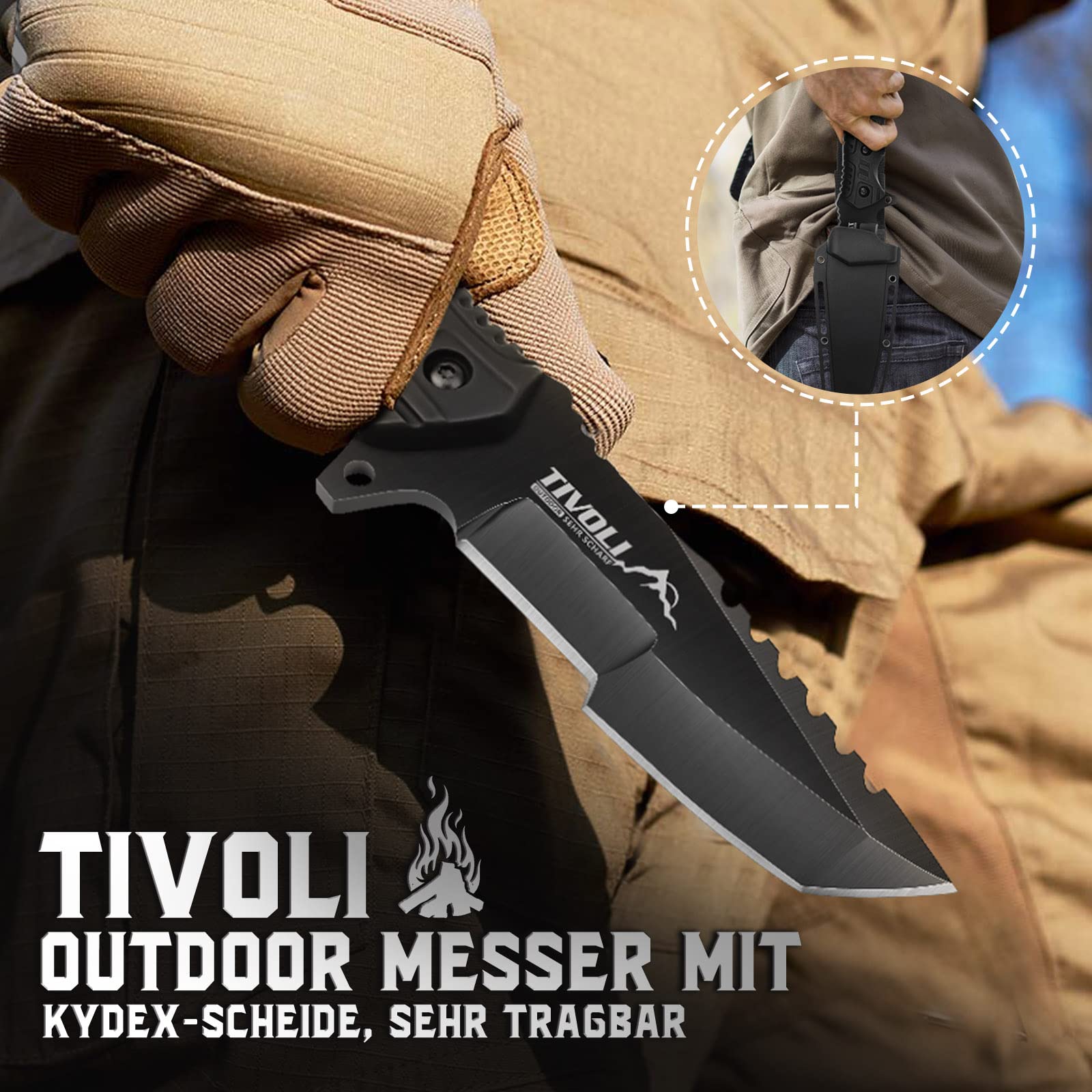 TIVOLI Coltello da Caccia con Fodera Kydex, Coltello di Sopravvivenza e Bushcraft in Acciaio Inossidabile, Lunghezza Lama 9,5 cm, per Attività Outdoor, Campeggio e Sopravvivenza
