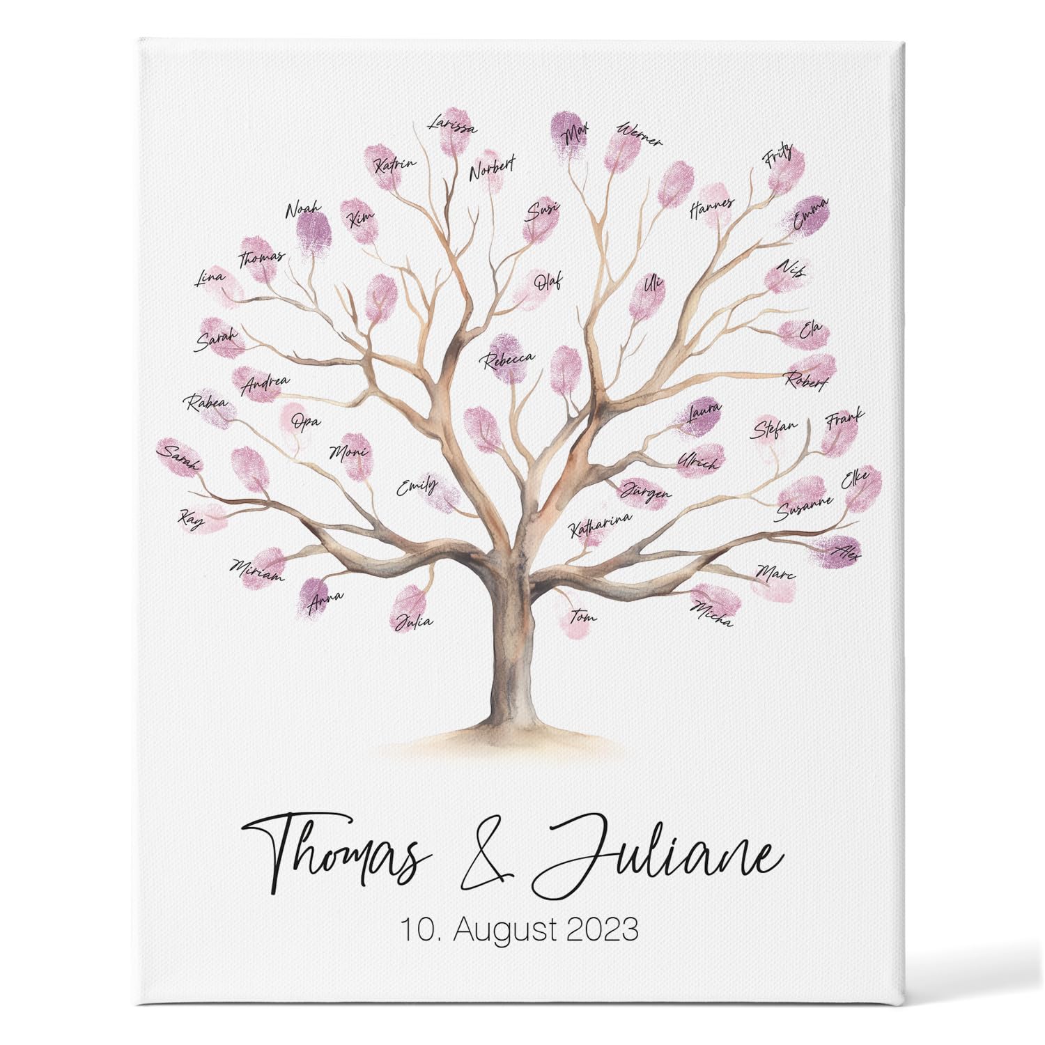 GRAVURZEILE Tela stampata, albero di nozze, personalizzabile, con nome e data, libro degli ospiti con impronte digitali, regalo di nozze personalizzato, regalo per gli sposi, 30 x 40 cm