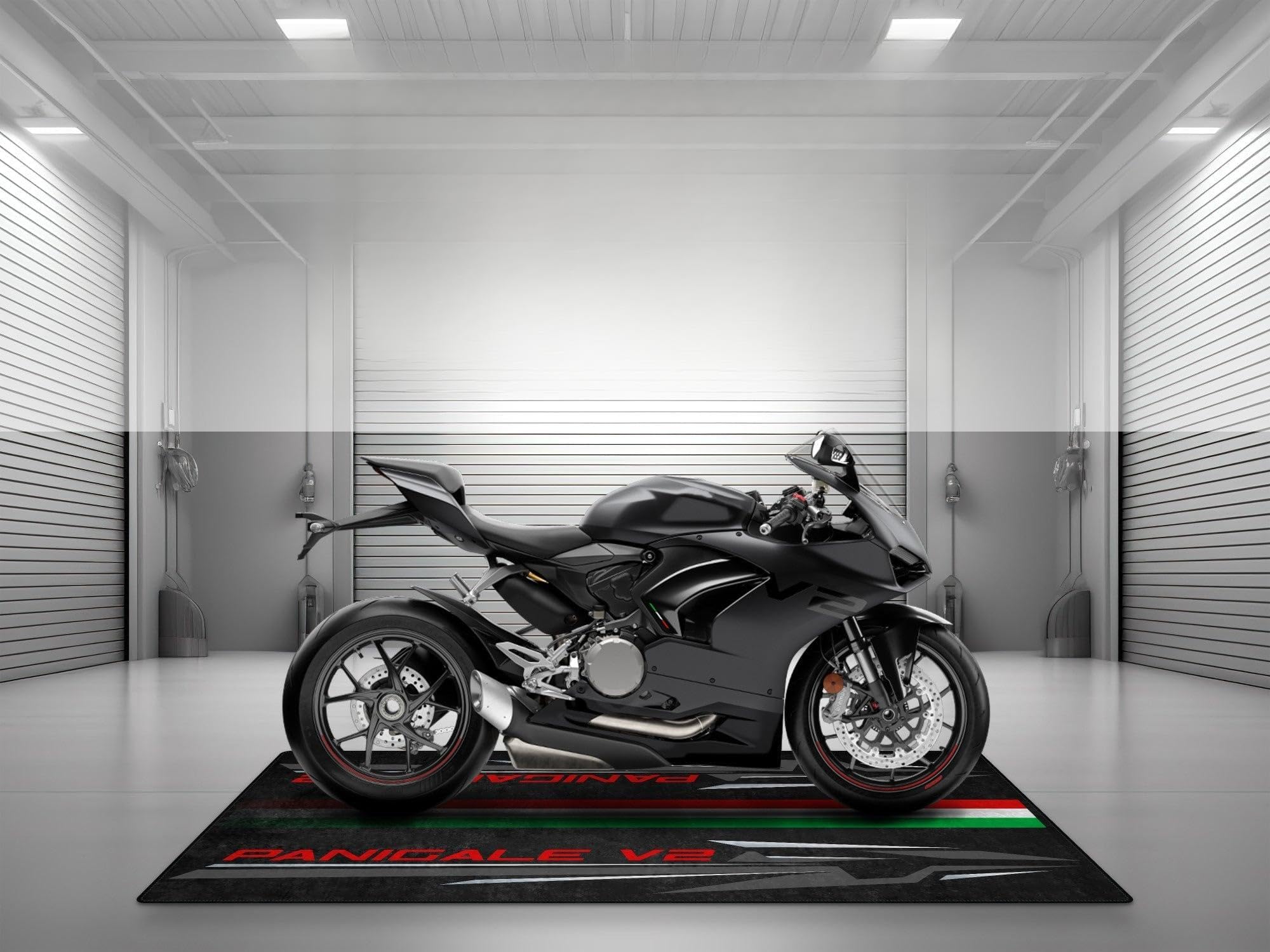 MPM Motorradmatte für Panigale V2, waschbar, rutschfest, öl- und wasserabweisend, Parkmatte für Garage, Ausstellungsraum, Werk | Schwarz auf Schwarz - Größe 1: 86.6 x 39.4/220 x 100 cm