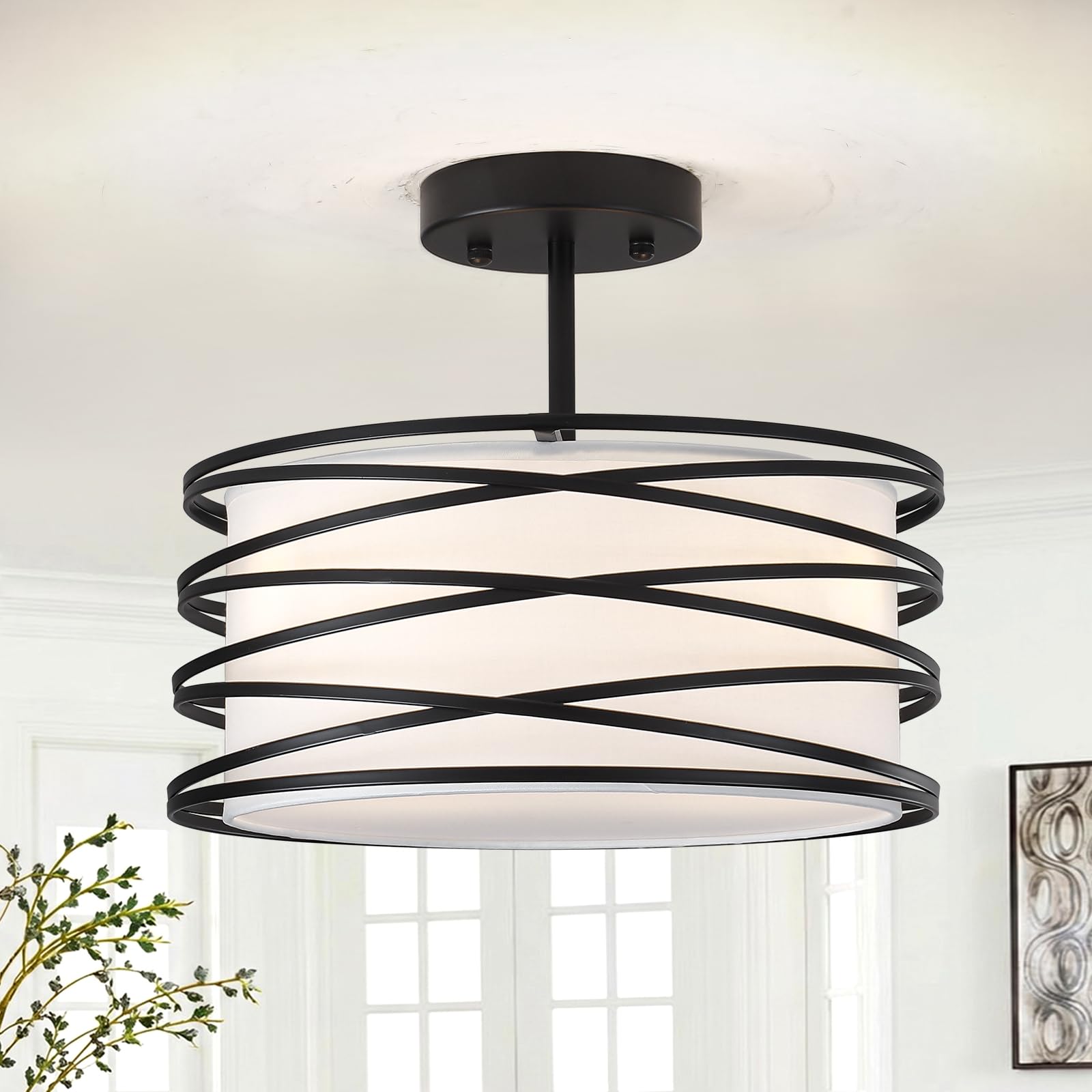 Semi Flush Ceiling Light for Living Room, 3-Light Modern Drum Light Fixture