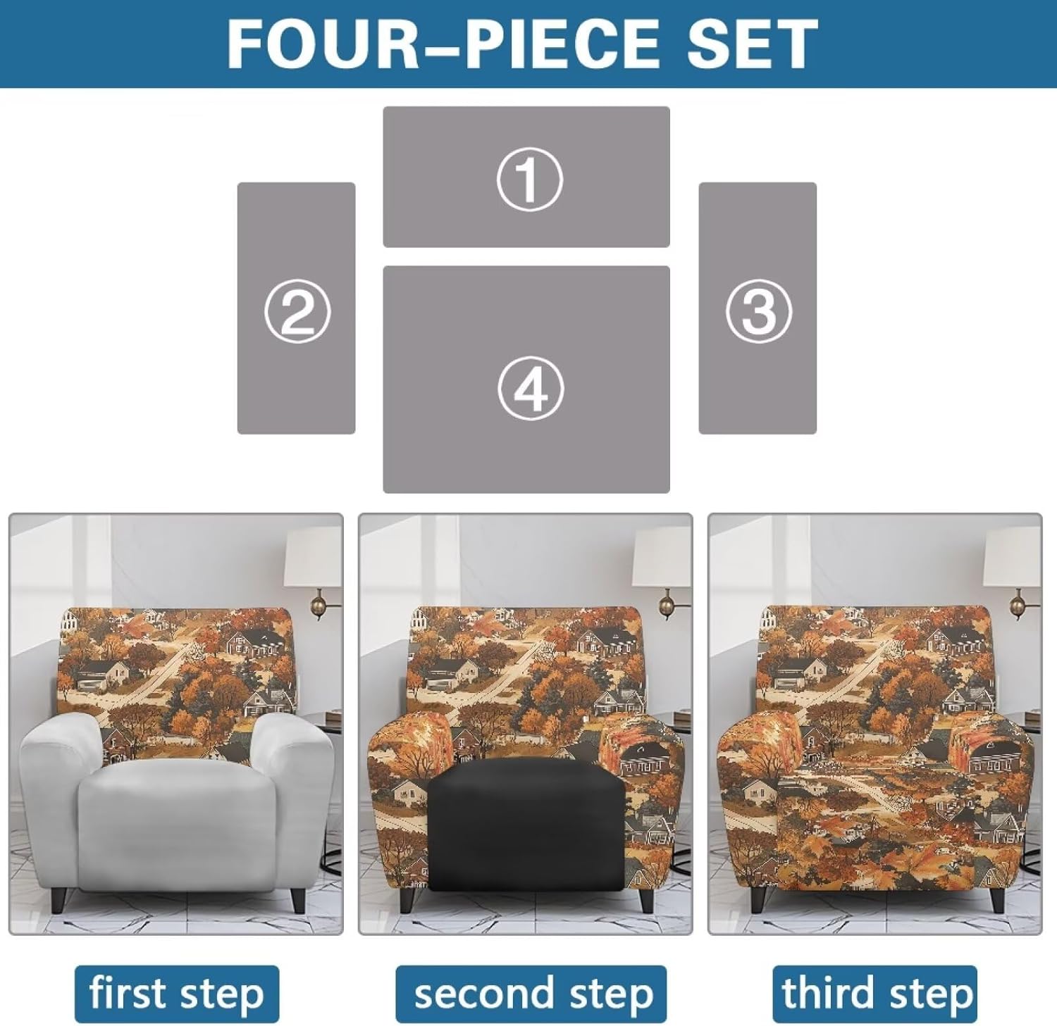 FOR U DESIGNS Fall Village Recliner Chair Covers 4 Pieces Sofa Slipcover Washable Fabric with Side Pockets Universal Fit Reclining Protector Pet Hair Resistant