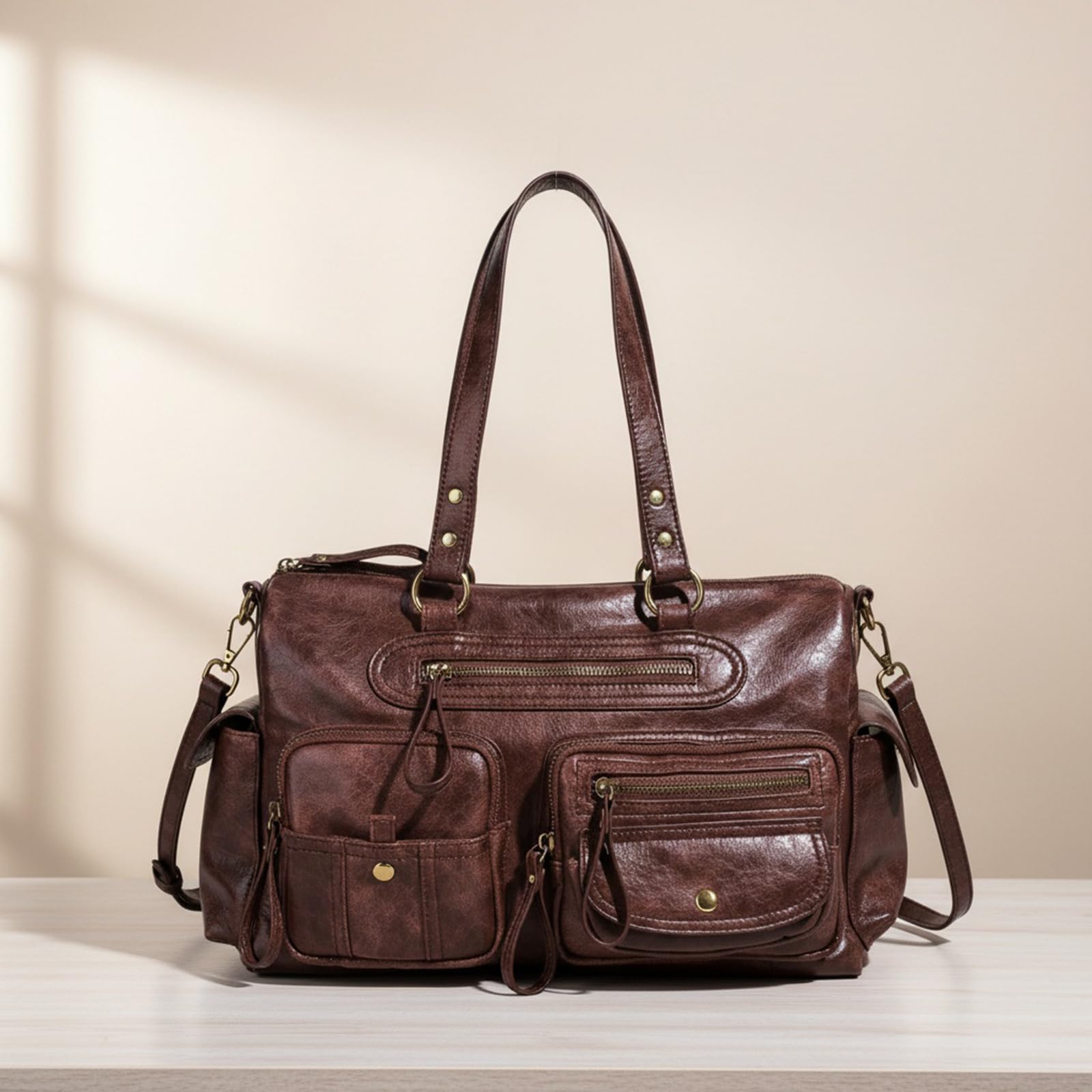 Borsa tote retrò in pelle PU anni '90 tasche multiple maniglia superiore borsa a tracolla per le donne casual e uso ufficio, Marrone scuro, 2 pezzi, 480.00x260.00x220.00mm/18.9x10.24x8.66inch