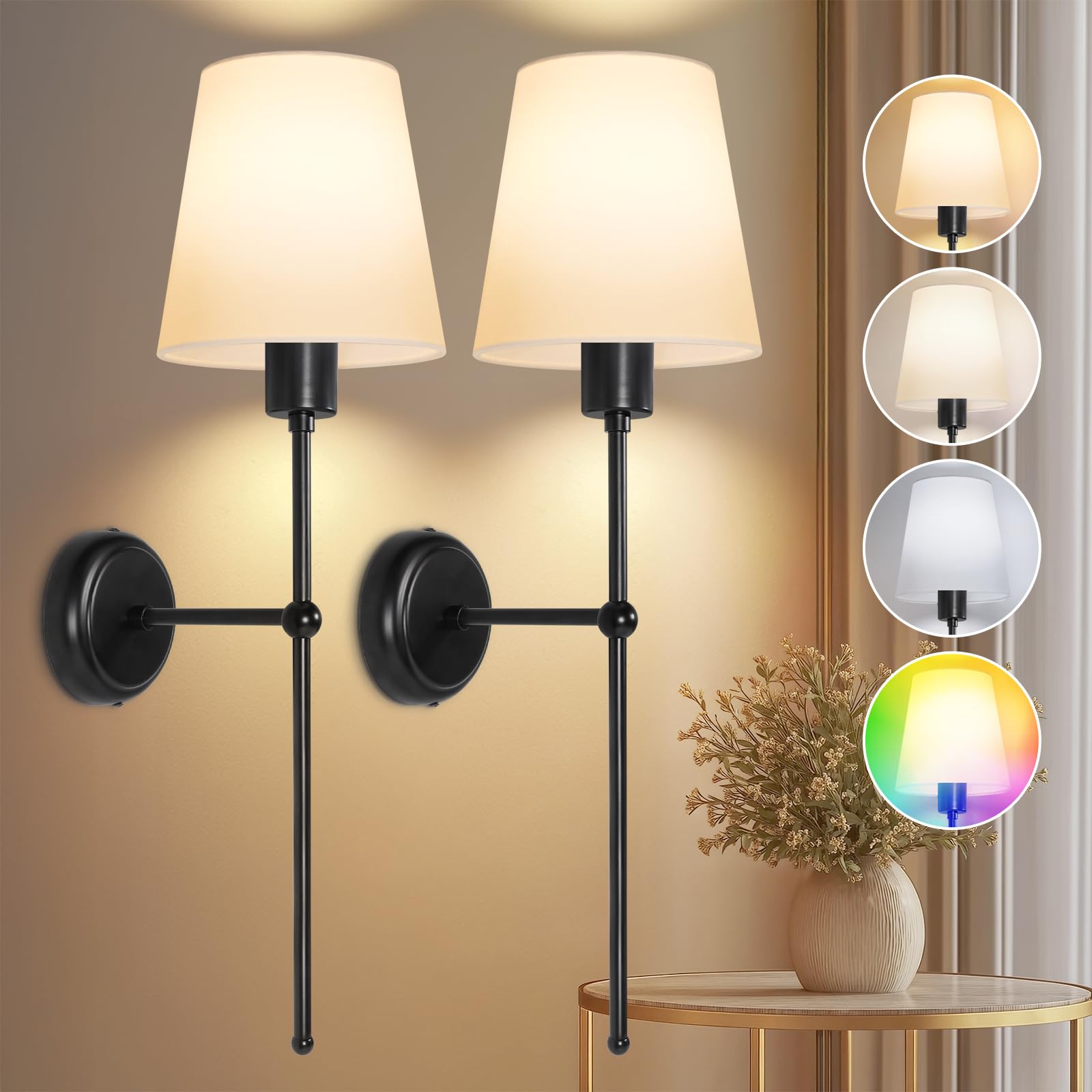 Ketom Battery Operated Wall Lights Set of 2, Rechargeable Wall Lights Indoor, 3 Color Temperature Wireless Sconces, 12 RGB Colors Dimmable, with Charging Bulbs and Remote, with Fabric Shade, Black