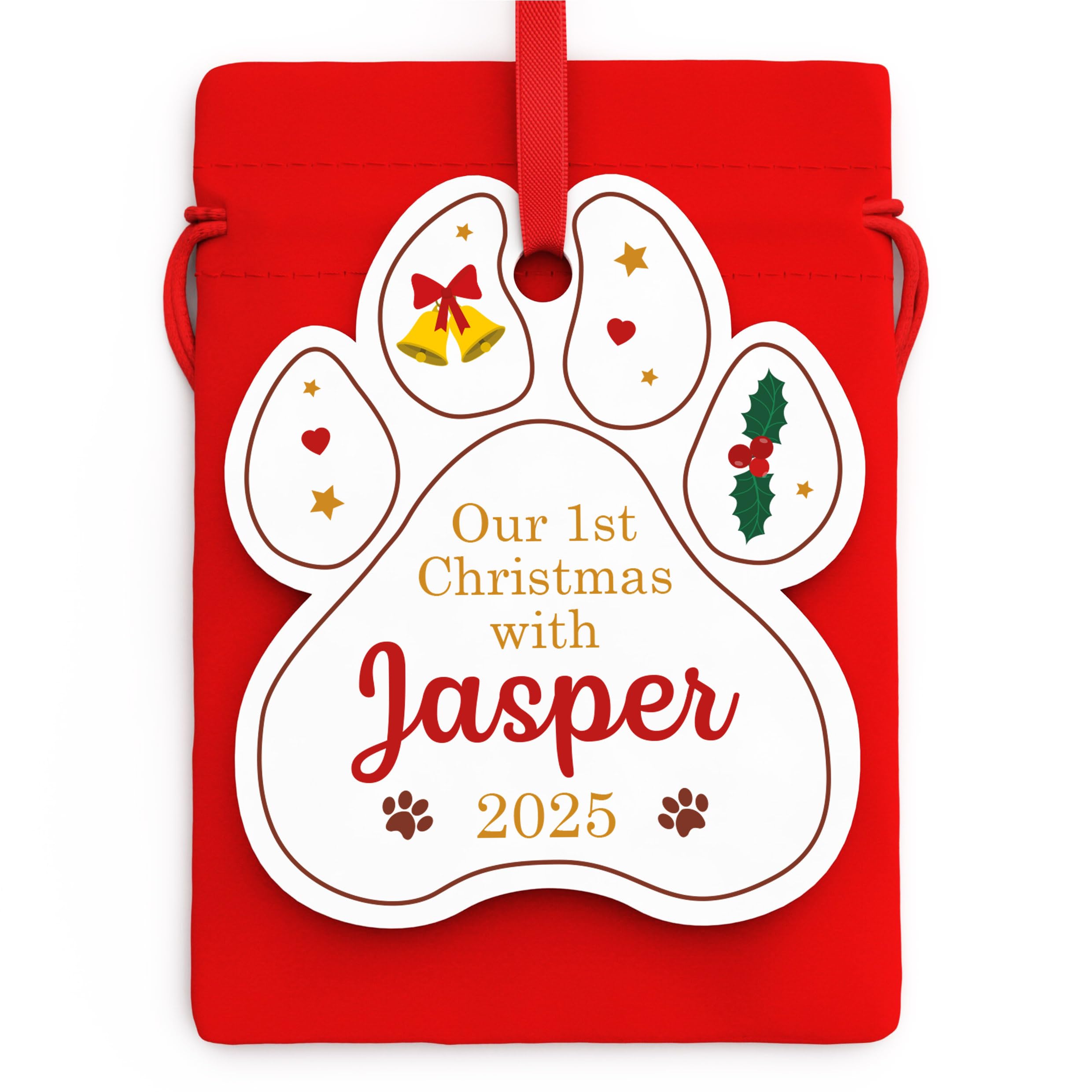 New Puppy Gifts - PERSONALISED Dogs First Christmas Decorations - Puppy Paw Print Christmas Tree Bauble Ornament - Labrador Retriever Pug Dachshund Boxer Bulldog - Dog Gifts for Christmas