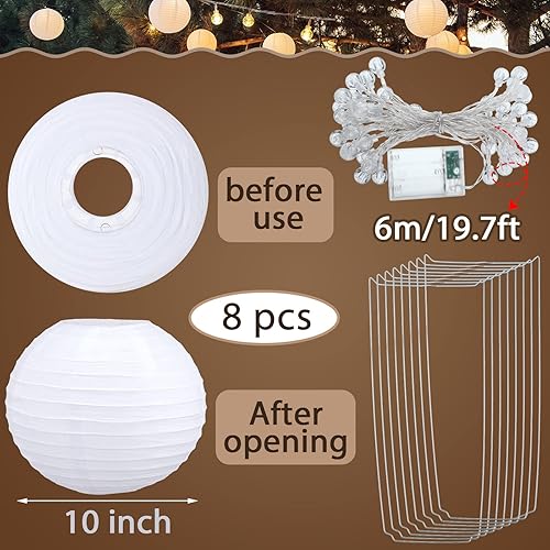 Miniatura 3 de Guirnalda de luces de papel blanco de 20 pies de largo, 9 linternas redondas de papel blanco de 10 pulgadas, luces alimentadas por batería para