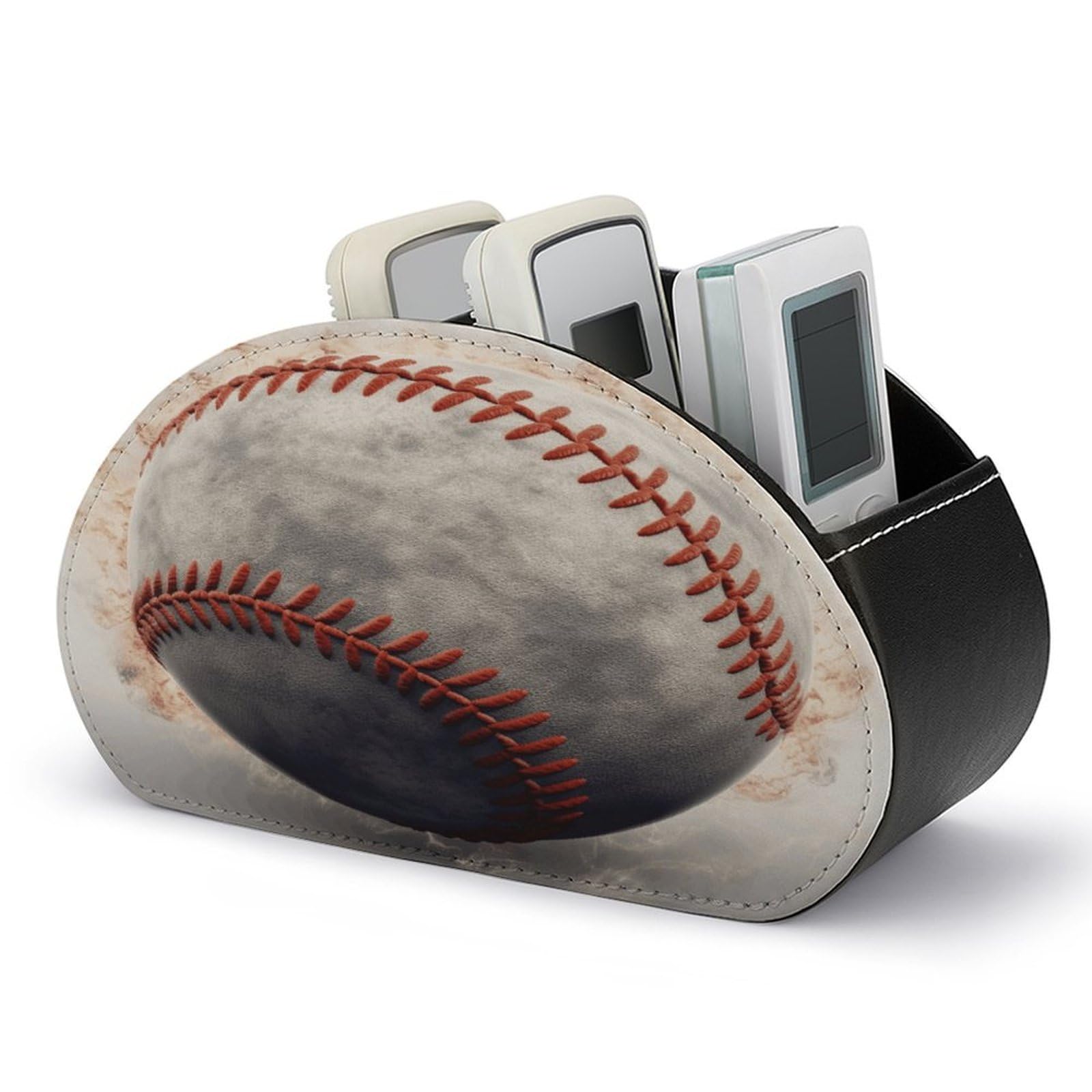 VstaDank Baseball Remote Control Holder with 5 Compartments PU Leather Remote Caddy Desktop Organizer Store TV Remote Control Storage Box for Home Office Desk Nightstand