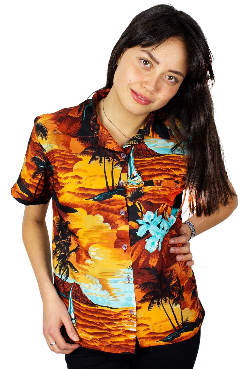 King Kameha Women's Surf Brown Funky Hawaiian Blouse Shirt, Shortsleeve, Surf, Brown Turquoise, M