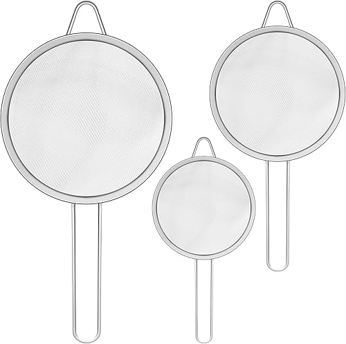 NUOMI Juego de 3 cucharas de malla fina de acero inoxidable colador de tamiz de acero inoxidable, colador multifuncional para alimentos con mango