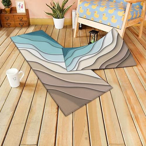 Miniatura 2 de Juego de 2 alfombras de cocina con diseño de rayas degradadas, color marrón turquesa, antideslizantes, lavables, antifatiga, alfombra abstracta a