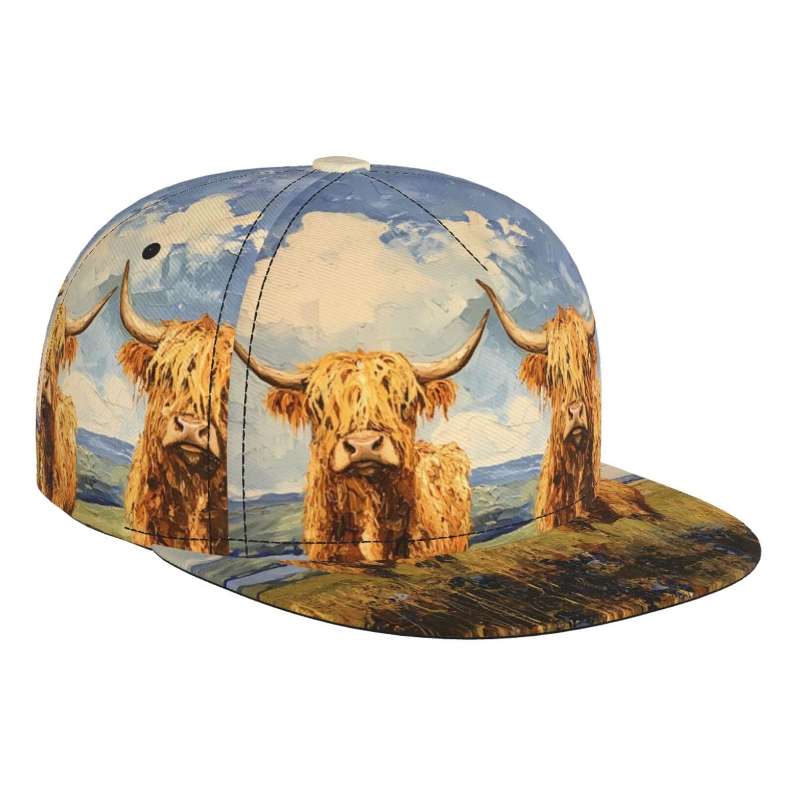 WZYWHJ Fashion Flat Brim Baseball Cap Highland Cows on The Grassland Printing Adjustable, Breathable & Lightweight for Men & Women Black