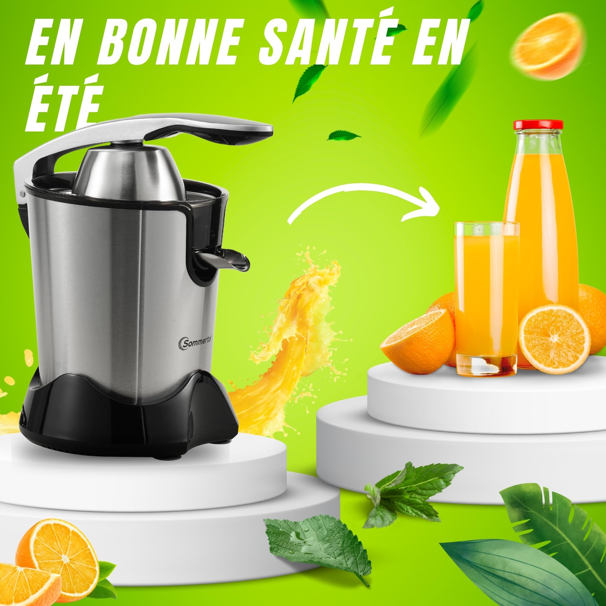 Sommertal CP850 Presse-agrumes électrique, moteur 850 W, haut rendement, en acier inoxydable, sans BPA, récipient à jus de 400 ml, 2 cônes, presse-citron, presse-agrumes, électrique, levier et