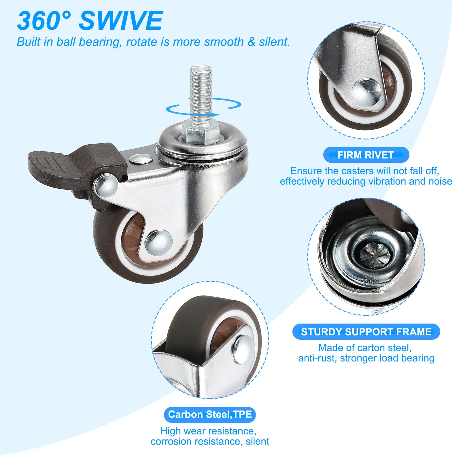 PATIKIL 1.5 Inch Threaded Stem Casters with Brake - Image 4