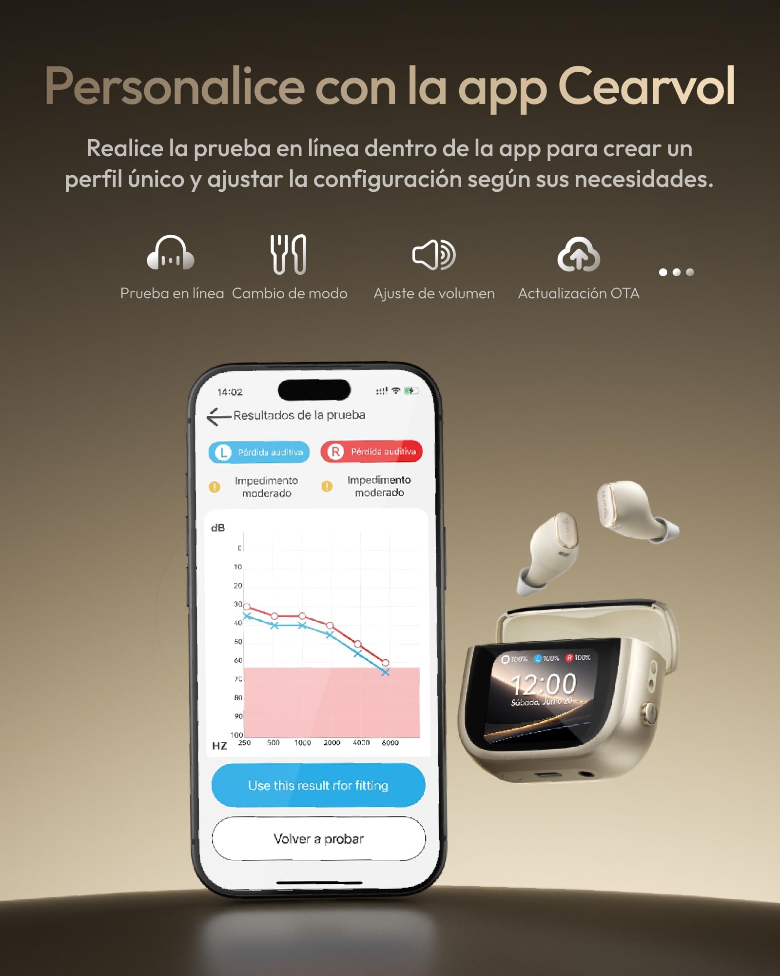 Wave Amplificador de Sonido Bluetooth, Estuche con Pantalla Táctil, App Control, Entrada AUX, Recargable, Ideal para TV y Llamadas, Blanco Estelar