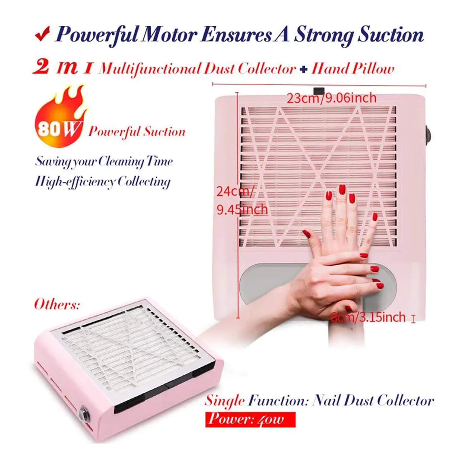Pochłaniacz pyłu do paznokci, Big Power Vacuum Nail Dust Collector For Manicure Nails With Fitter Fan Cleaner For do salonu i domu(Pink)