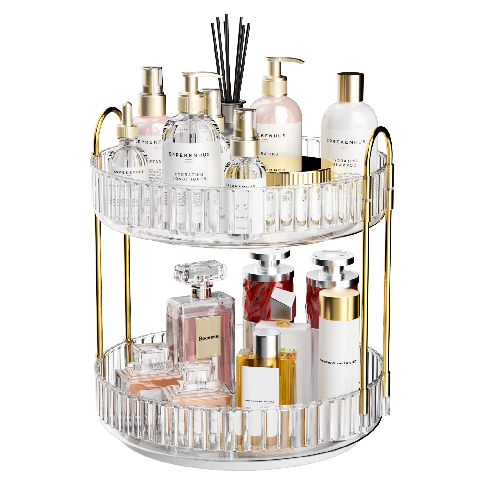 GTI 360° Rotating Makeup Organizer, 2 Tier Bathroom Counter Organizer,Large Capacity Perfume Cosmetics Skincare Vanity Organizers, Dresser Spinning Countertop Organizer and Storage for Women (Clear)