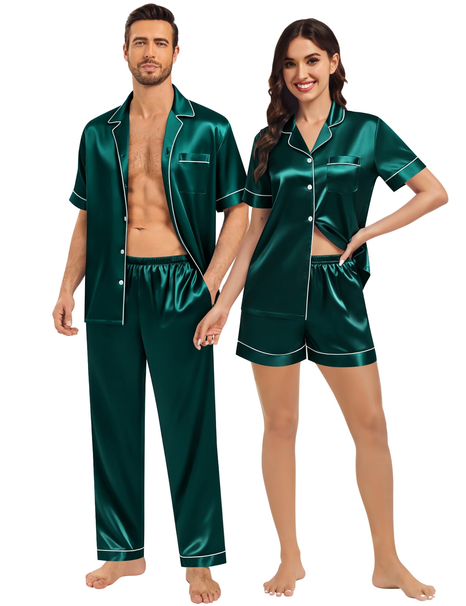 SWOMOG Matching Pajamas for Couples Satin Short Sleeve Sleepwear Women/Men Silk Soft Button Down Nightwear 2 Pcs Loungewear