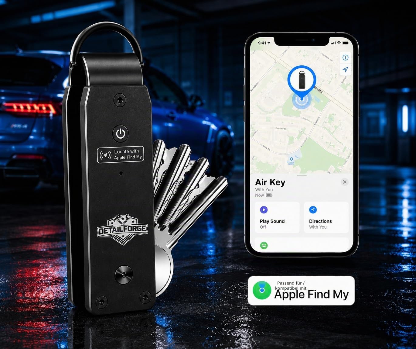 Air Key Schlüssel-Organizer für bis zu 4 Schlüssel, kompatibel mit Apple Find My, mit Bluetooth-Suchfunktion und akustischem Signal (Black)